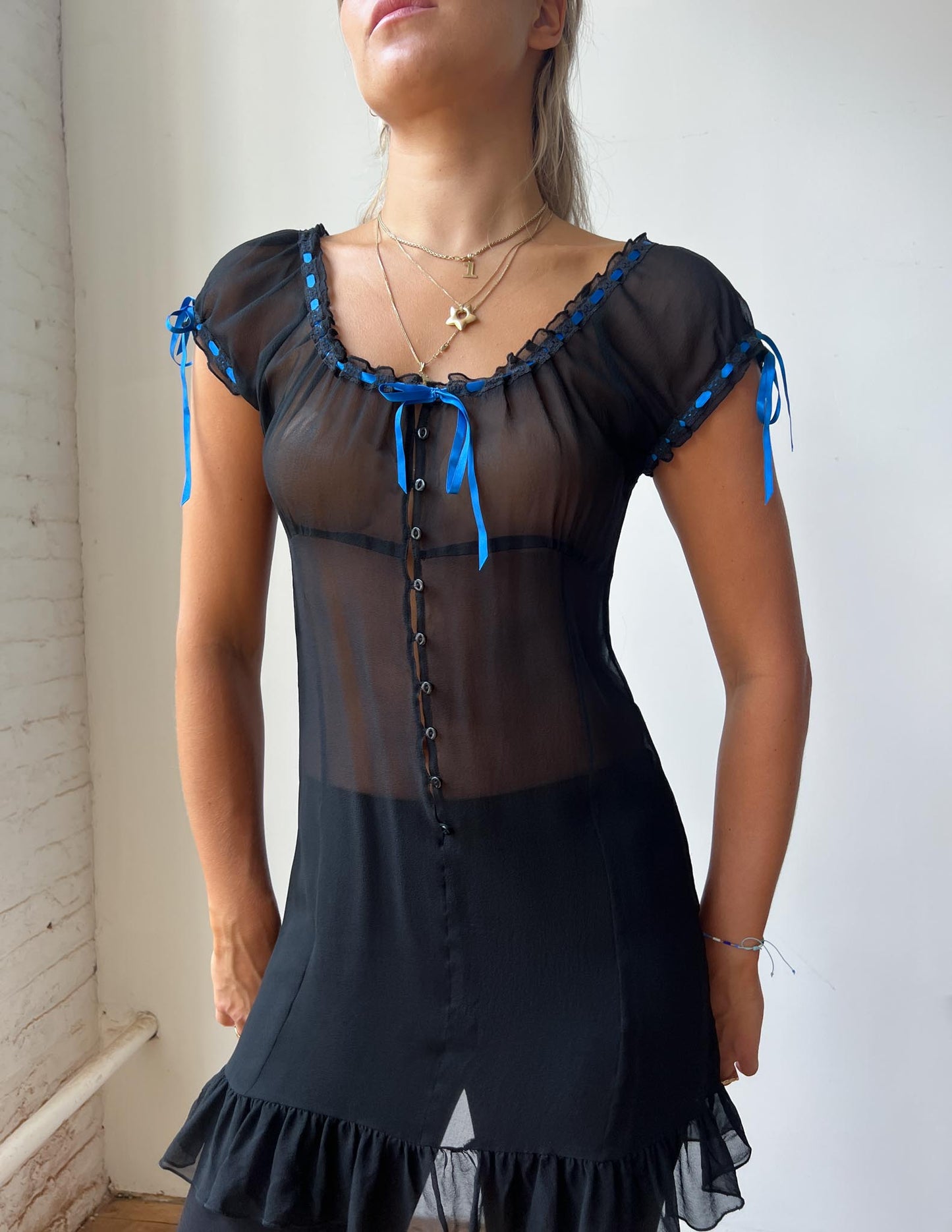 Vtg Black Silk Babydoll Dress Blue Ribbon Detail