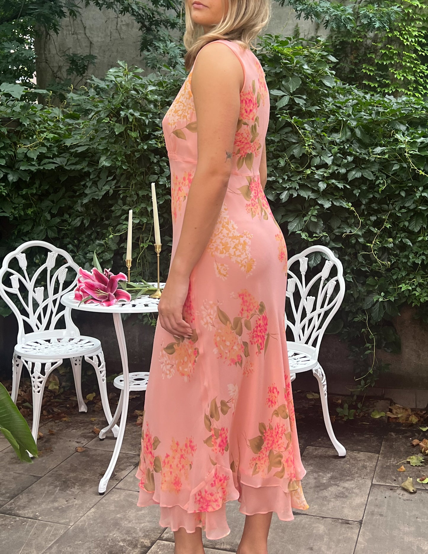 100% Silk Vtg Pink Floral Maxi Dress