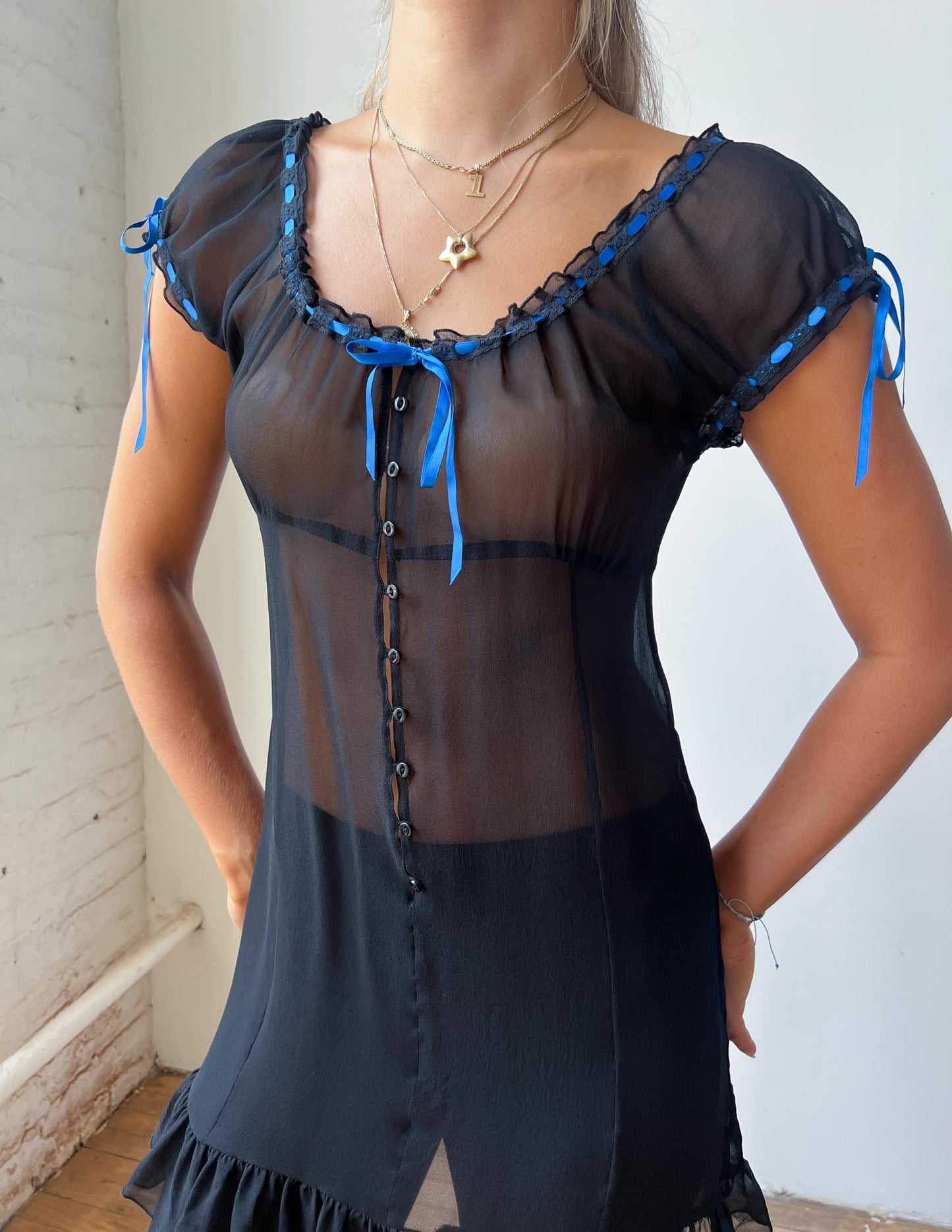 Vtg Black Silk Babydoll Dress Blue Ribbon Detail