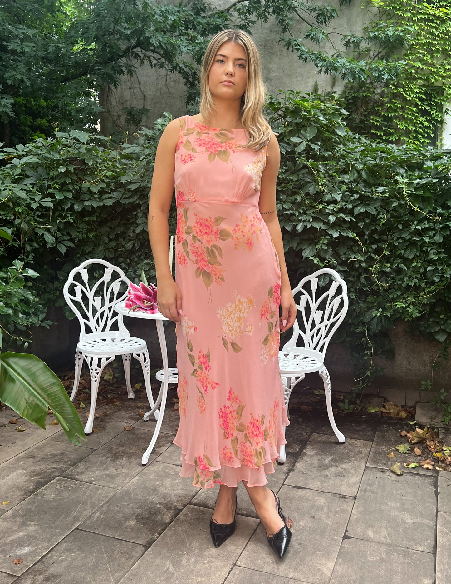 100% Silk Vtg Pink Floral Maxi Dress