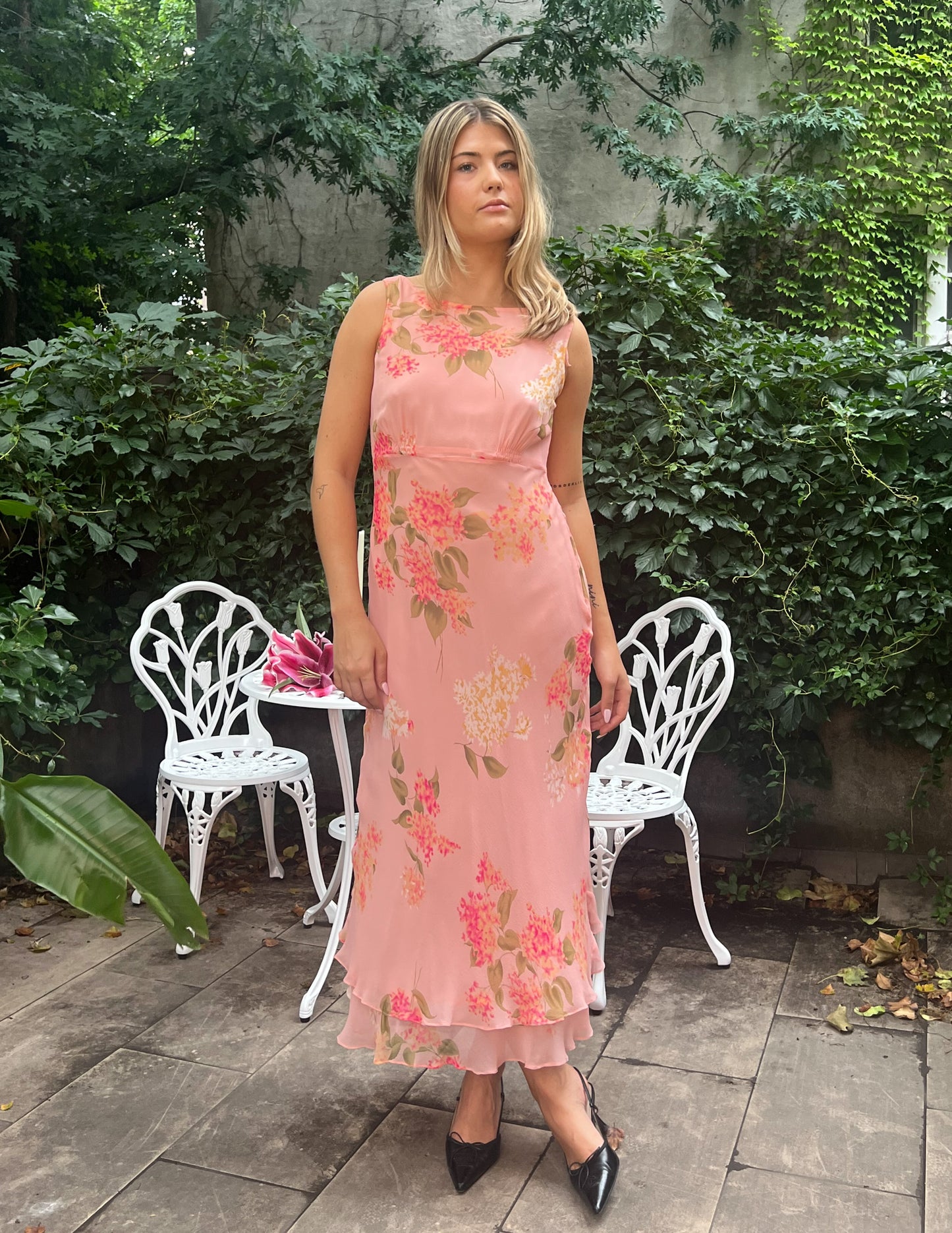 100% Silk Vtg Pink Floral Maxi Dress