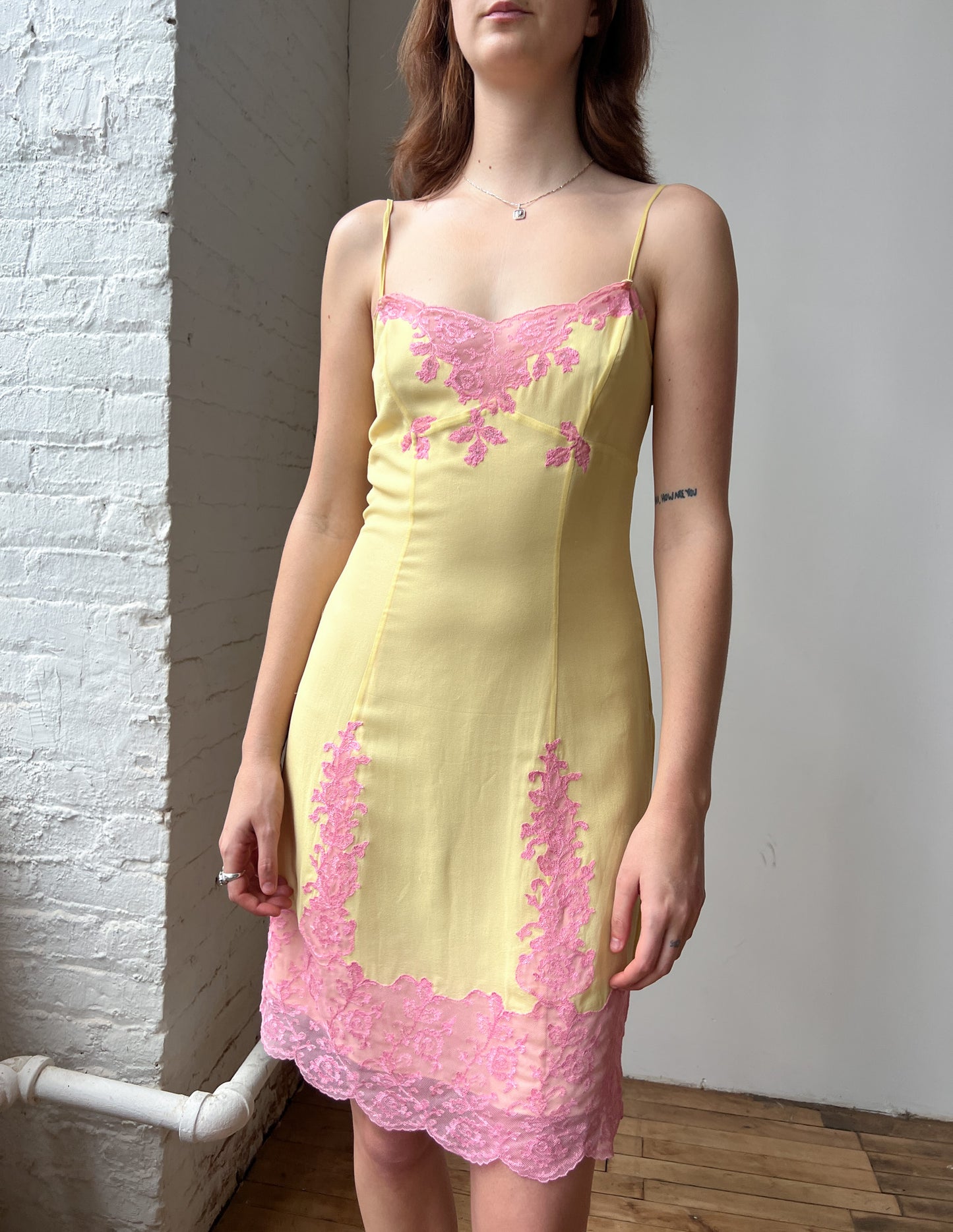 Vtg Betsey Johnson Yellow Lace Trim Midi Dress