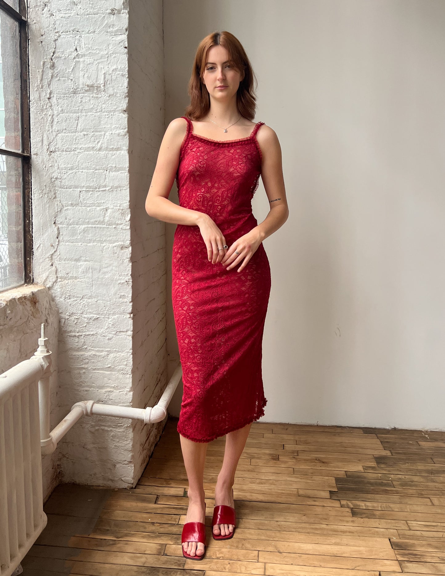 Vtg Low-back Red Lace Sheer Slip Dress