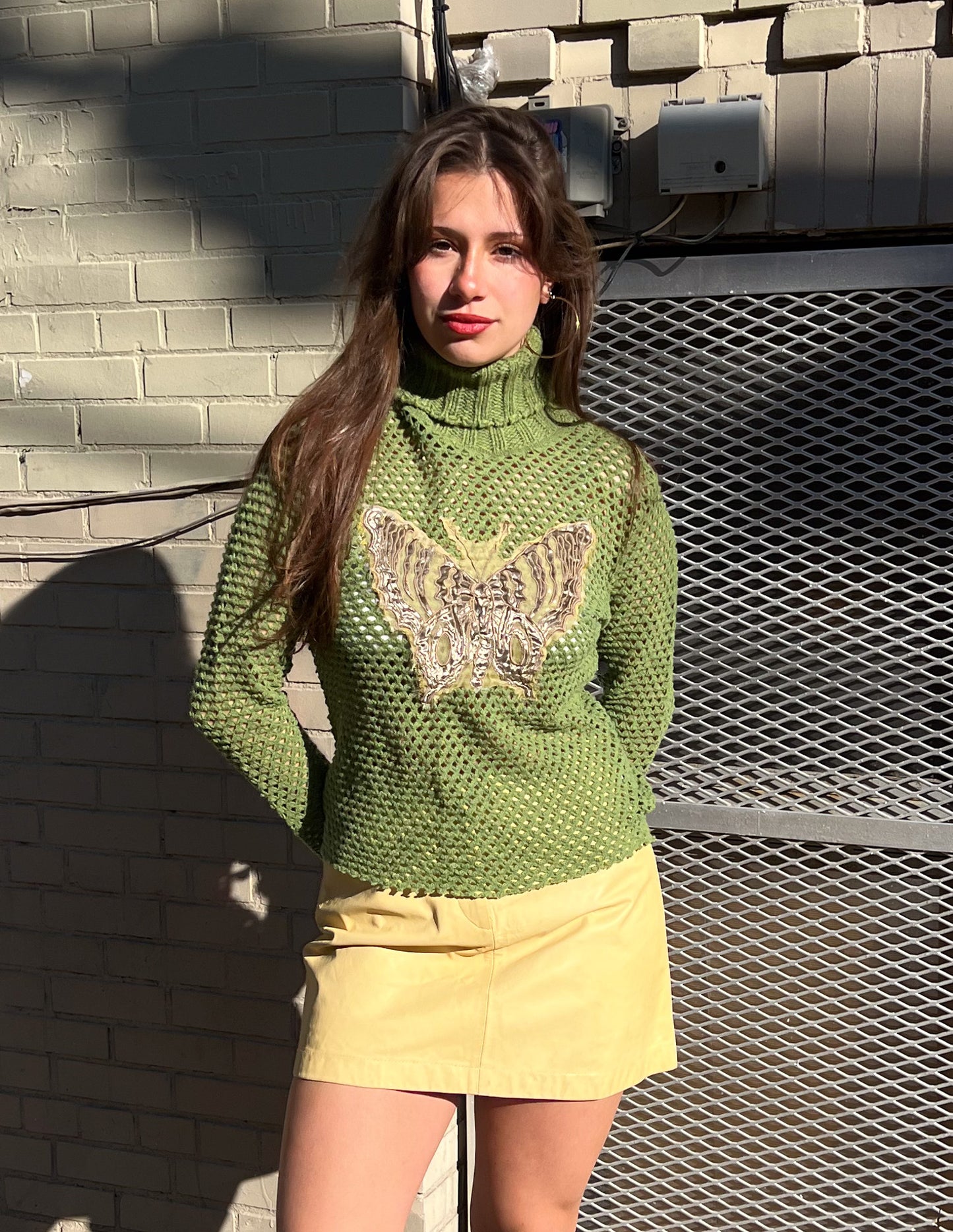 Vtg Y2K Deadstock Green Butterfly Knit