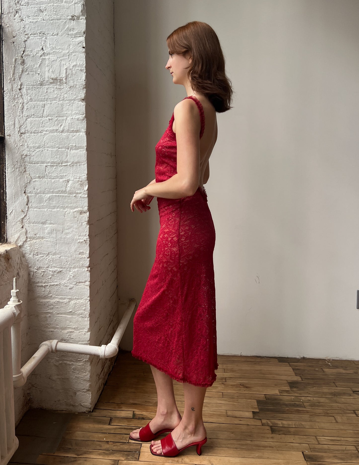 Vtg Low-back Red Lace Sheer Slip Dress