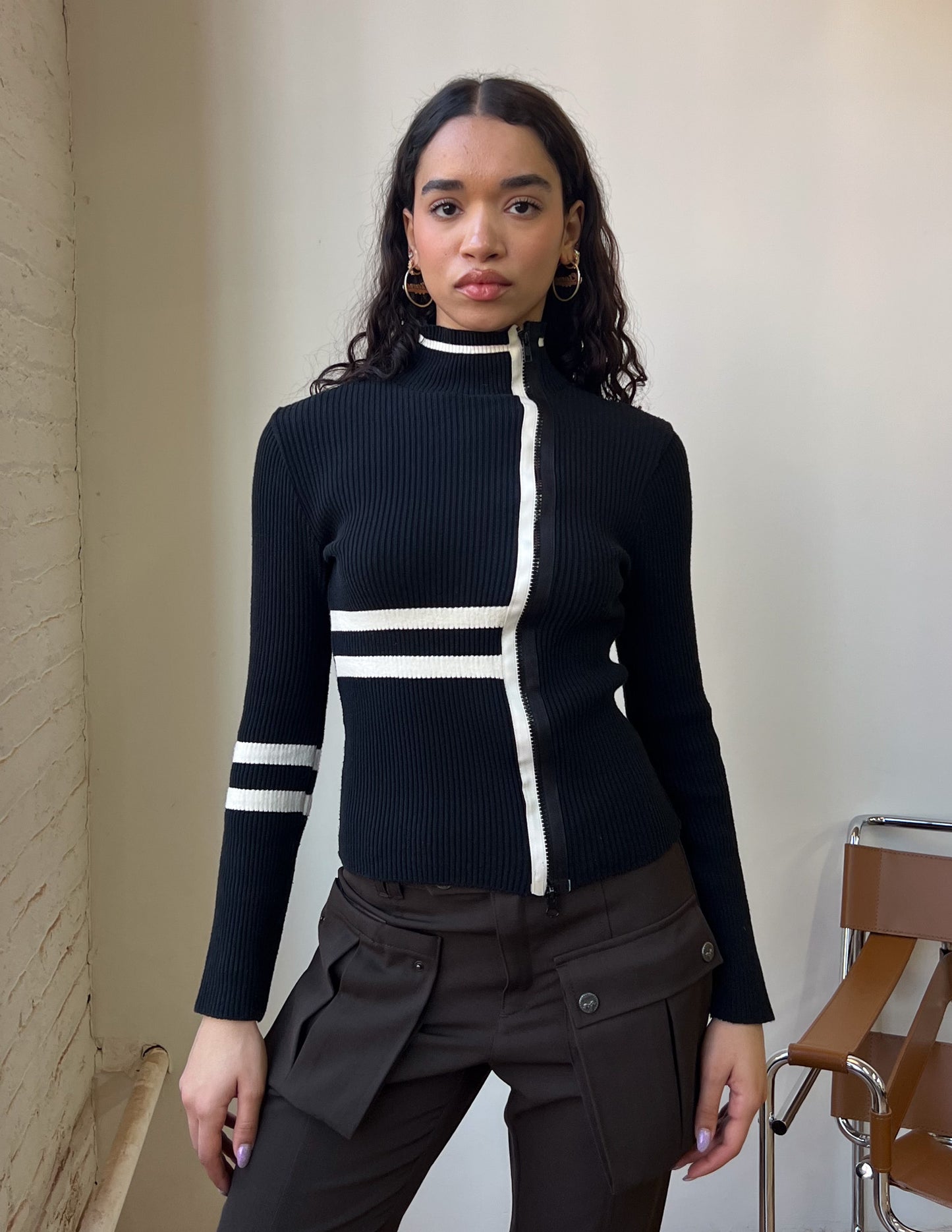 Vtg Black Ribbed Zip Up White Trim