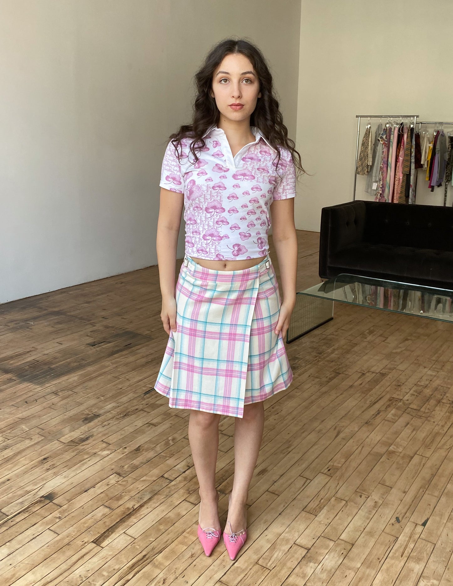 Courrèges Vtg Pink & Blue Plaid Wool Skirt