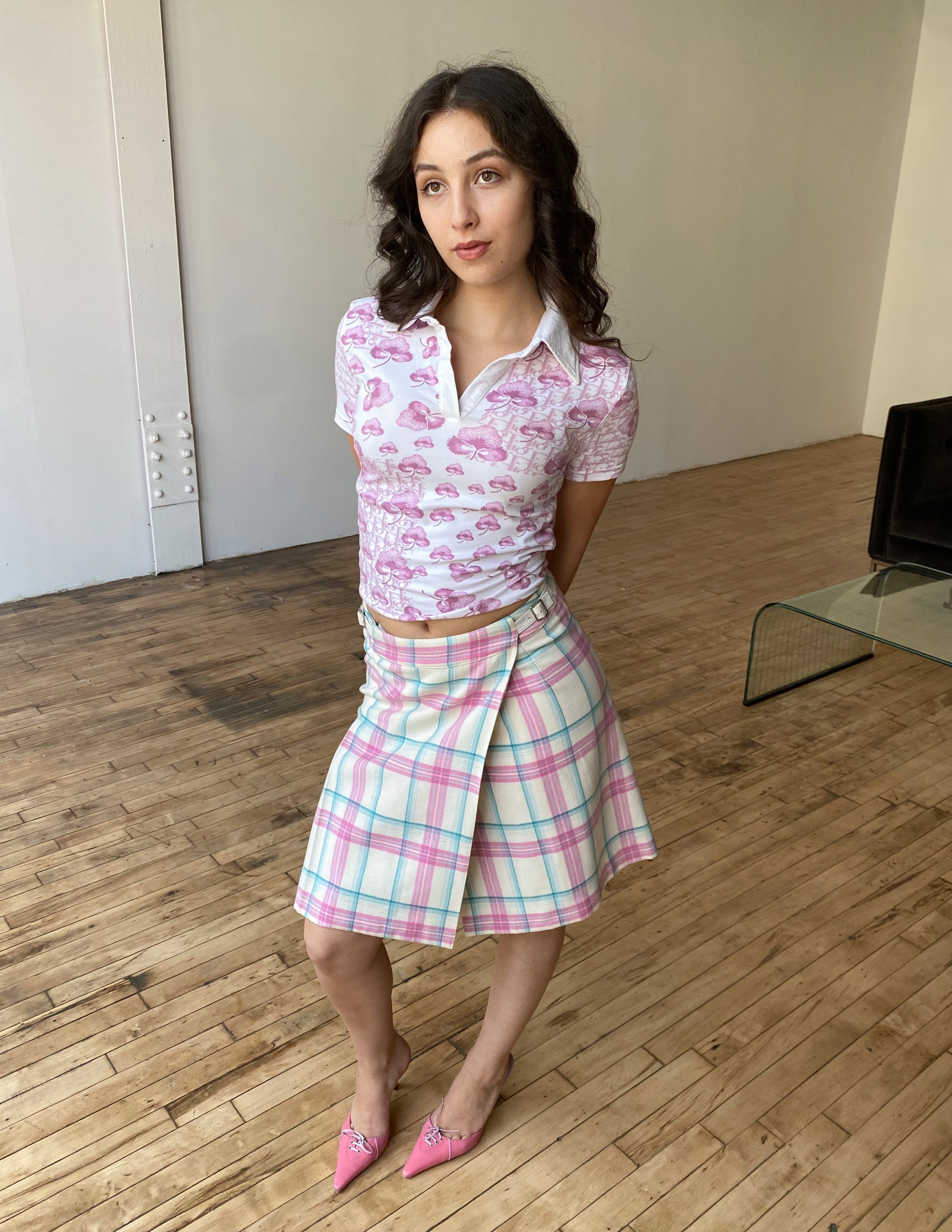 Pink plaid shop wool skirt