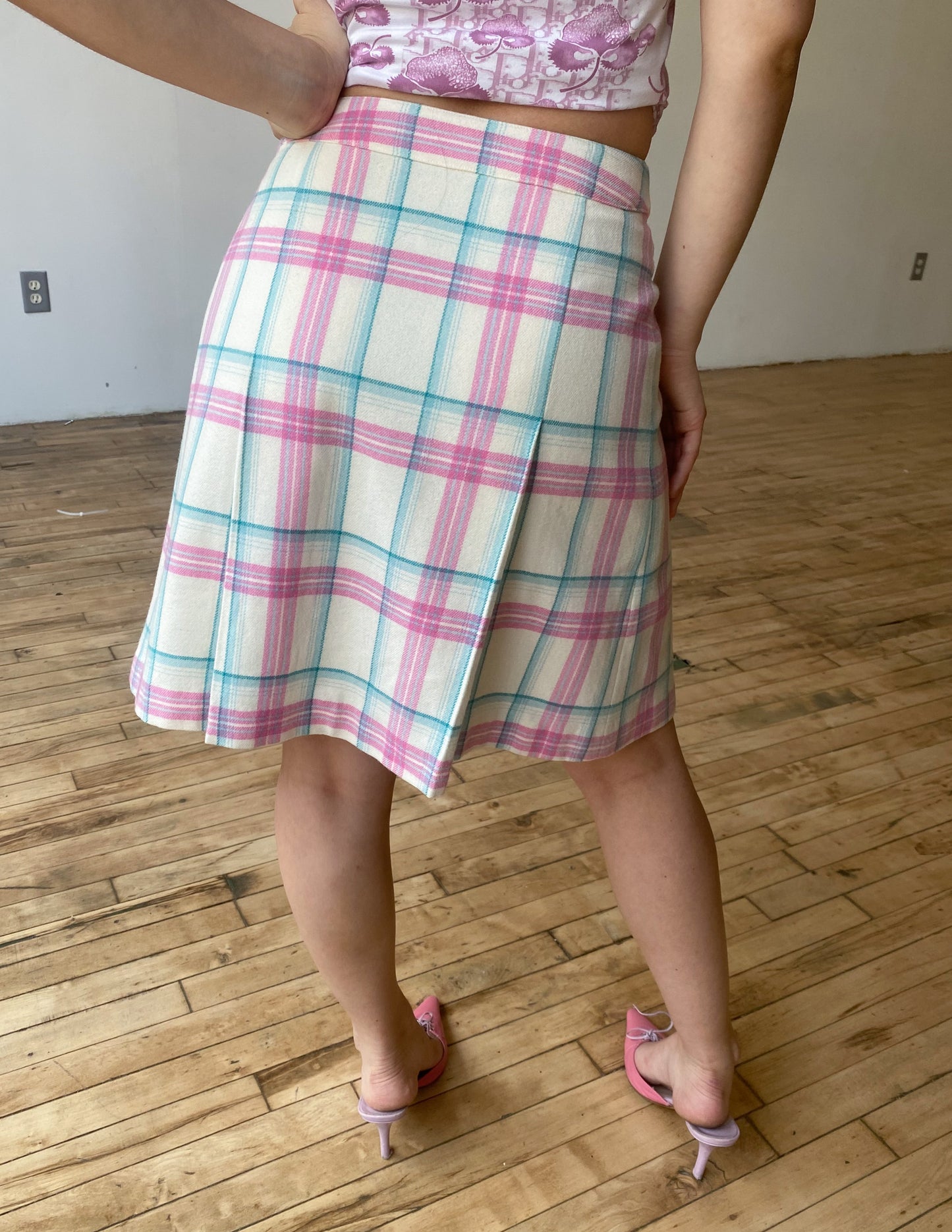 Courrèges Vtg Pink & Blue Plaid Wool Skirt