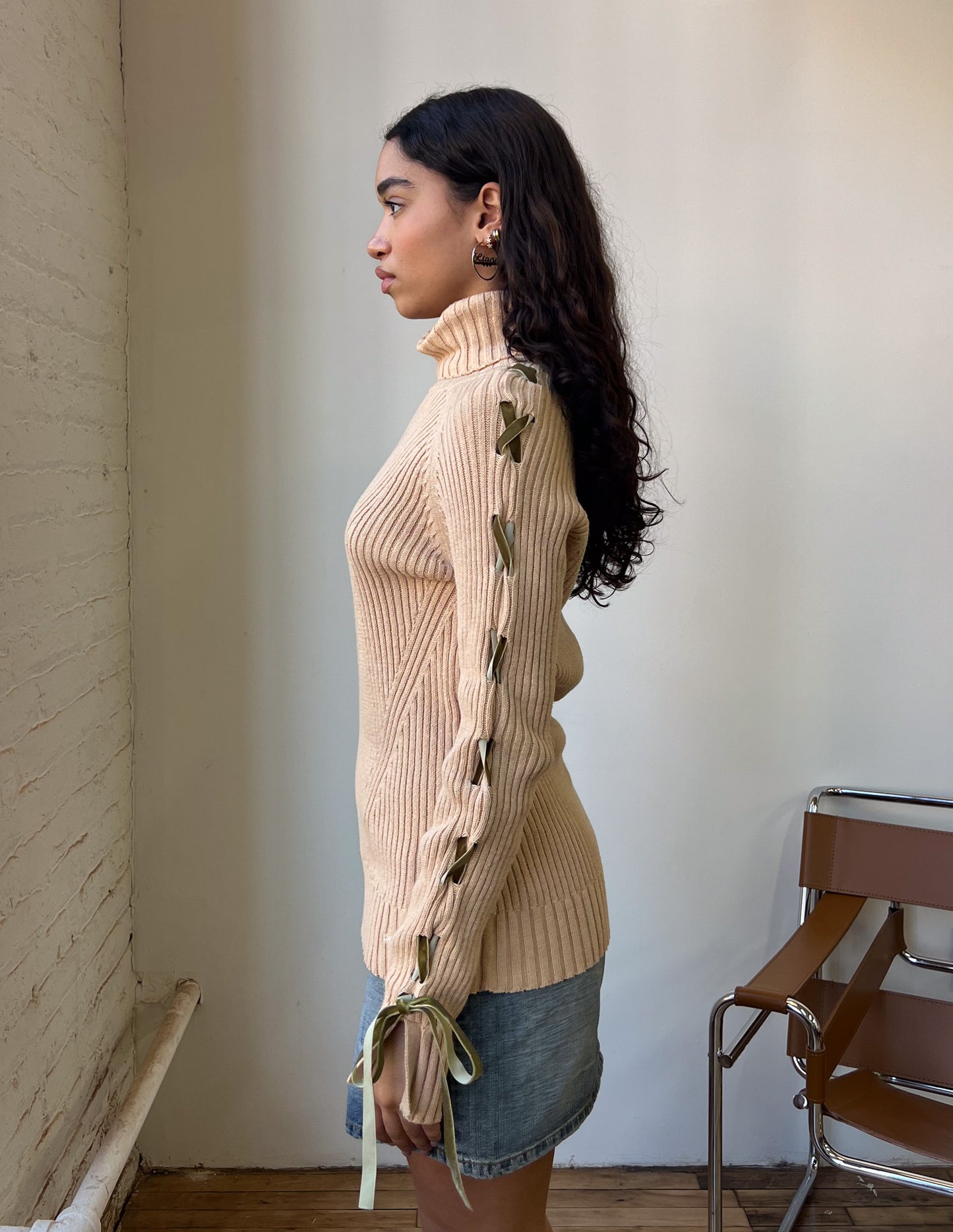 DKNY Lace Up Sleeve Turtleneck Sweater