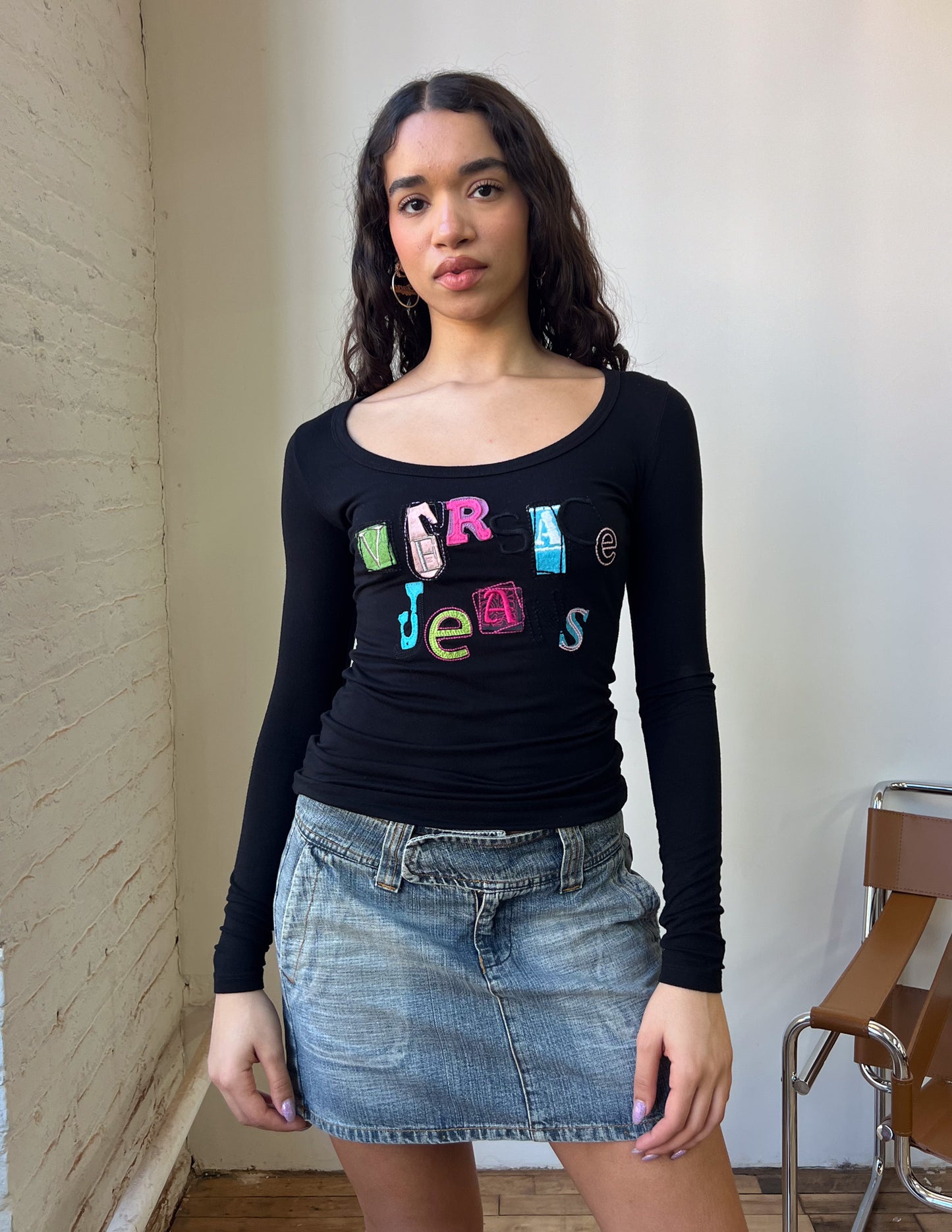 Versace Jeans Patch Mismatched Long Sleeve Tee