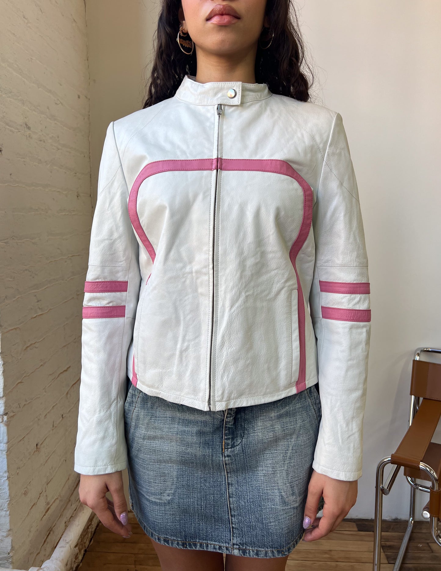 Wilson's Leather White Pink Detail Moto Jacket