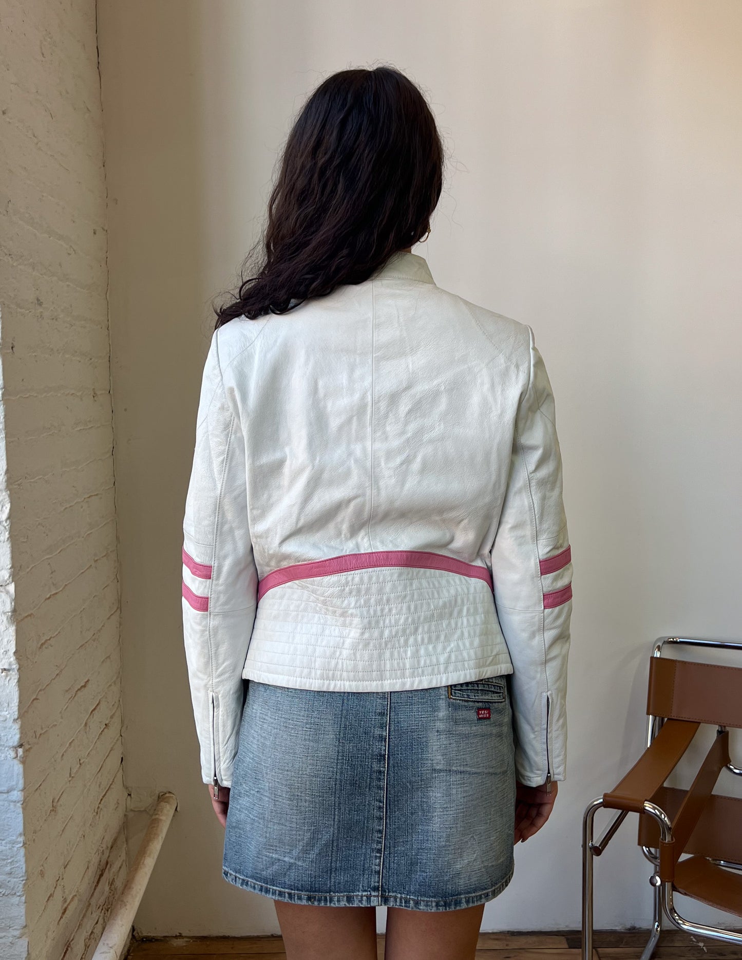 Wilson's Leather White Pink Detail Moto Jacket