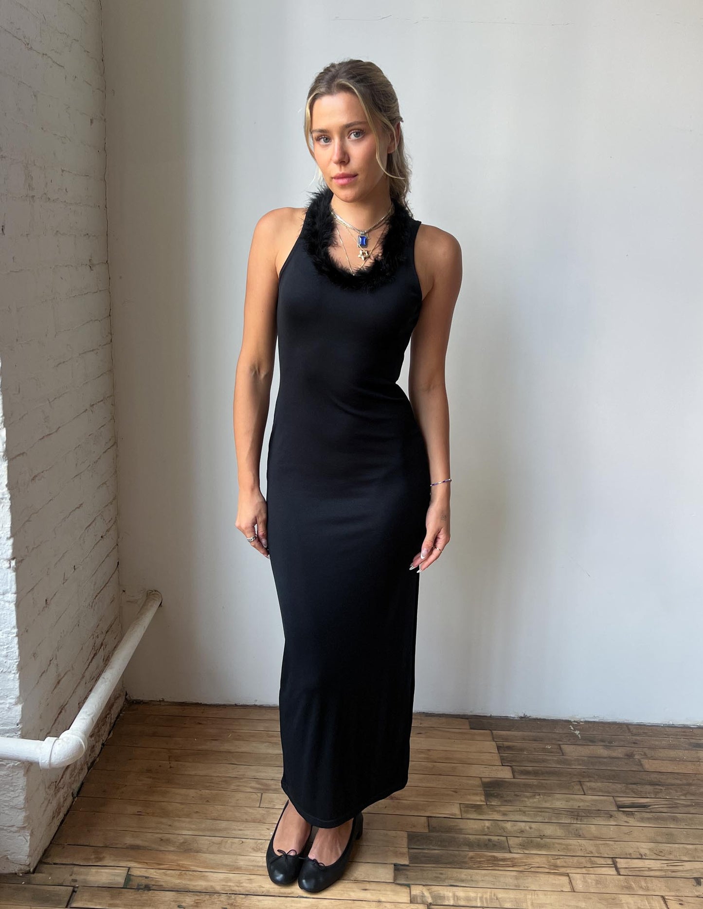 90s Black Dress Feather Collar High Slit