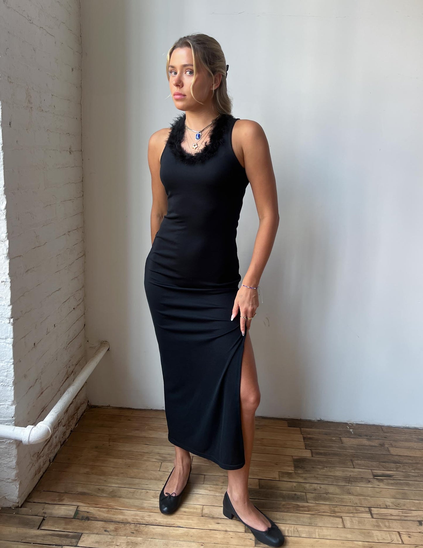 90s Black Dress Feather Collar High Slit