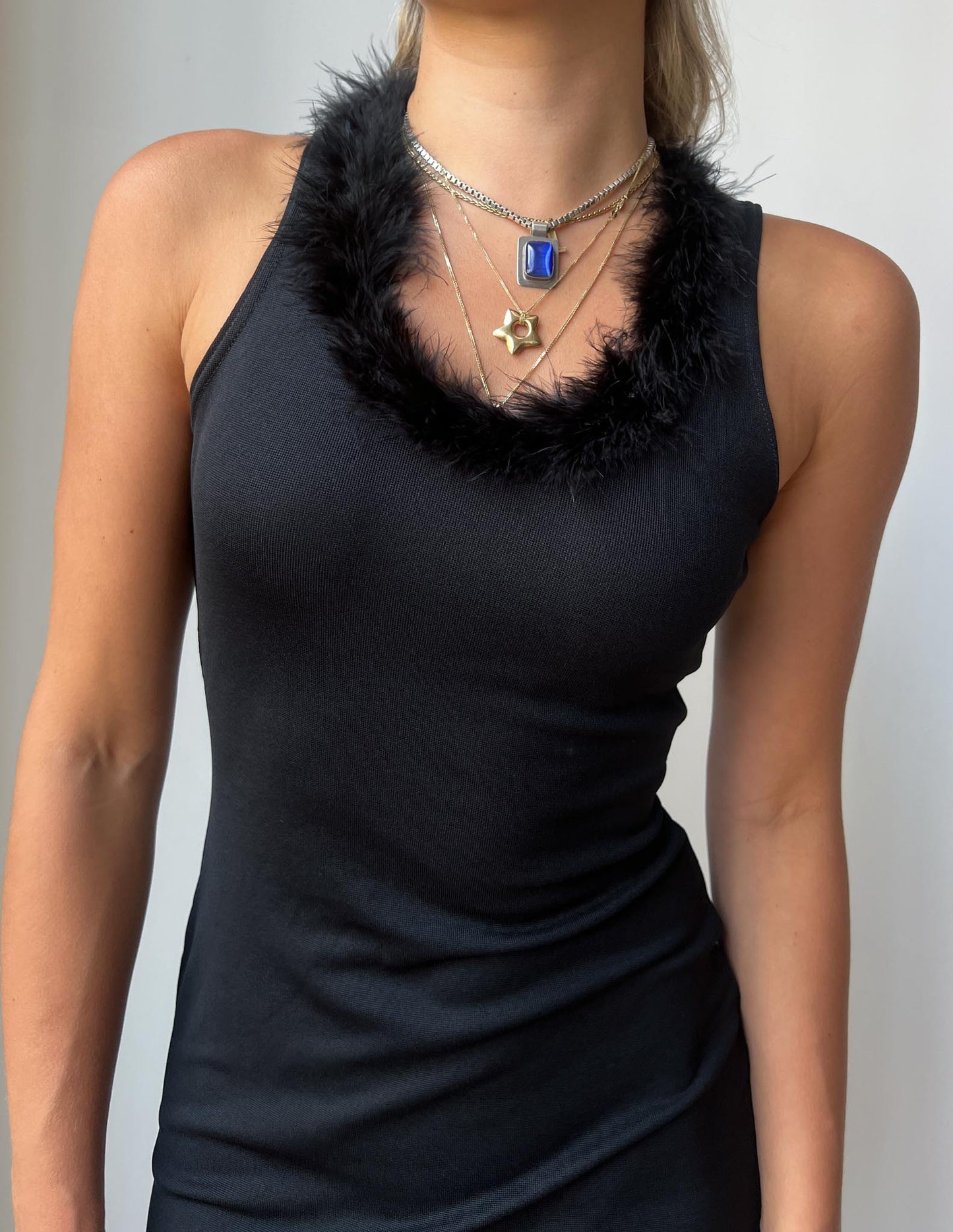 90s Black Dress Feather Collar High Slit