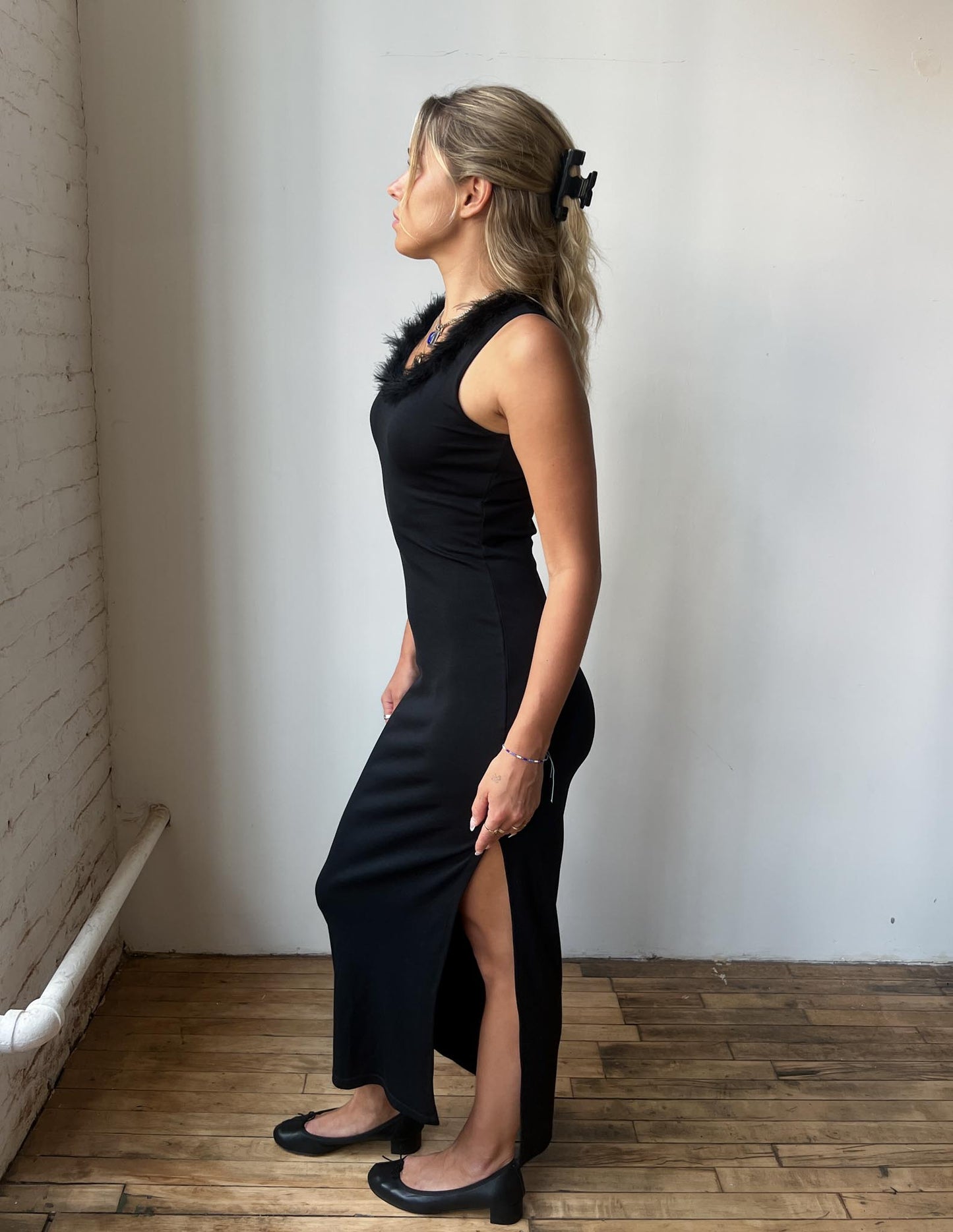 90s Black Dress Feather Collar High Slit