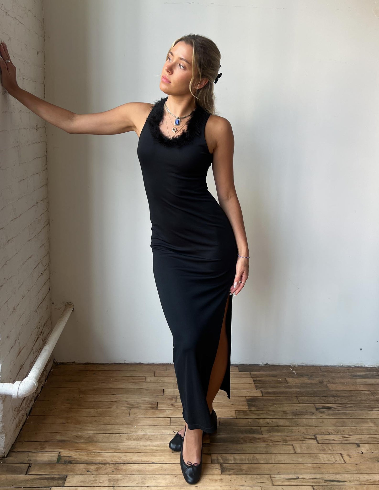 90s Black Dress Feather Collar High Slit