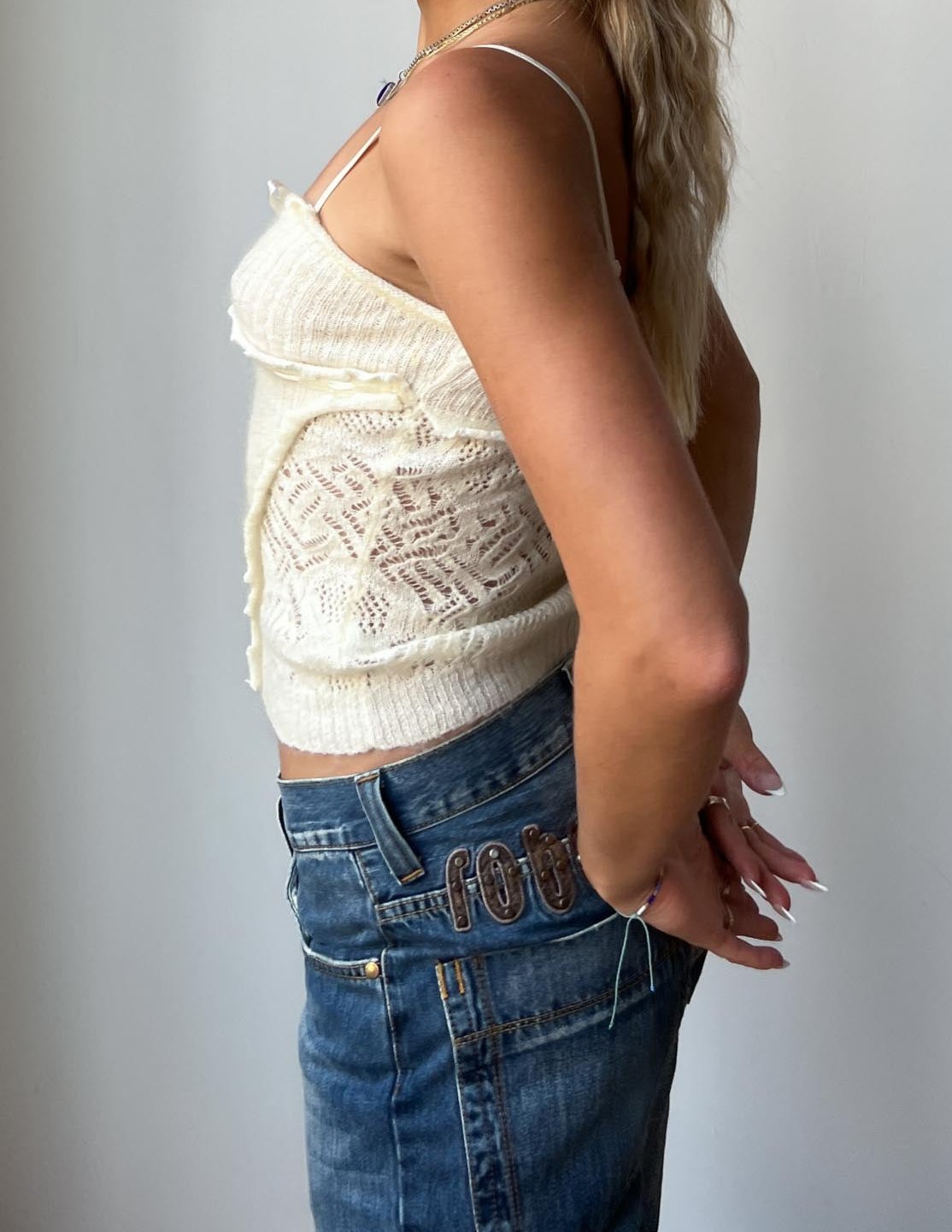 Vintage Mohair Blend Cream Knit Tank w/ Bow Detail