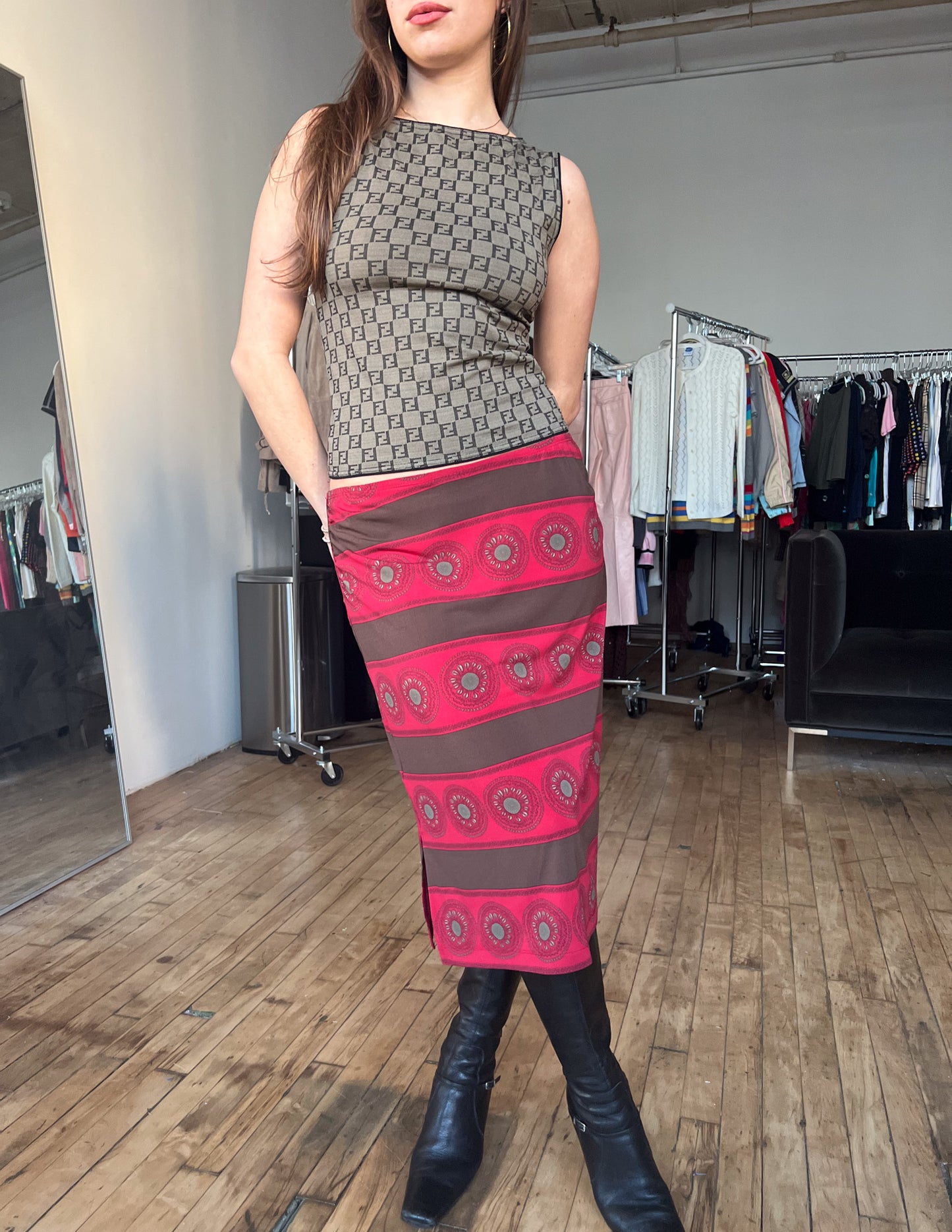 Vtg BGBC Red & Brown Print Midi Skirt