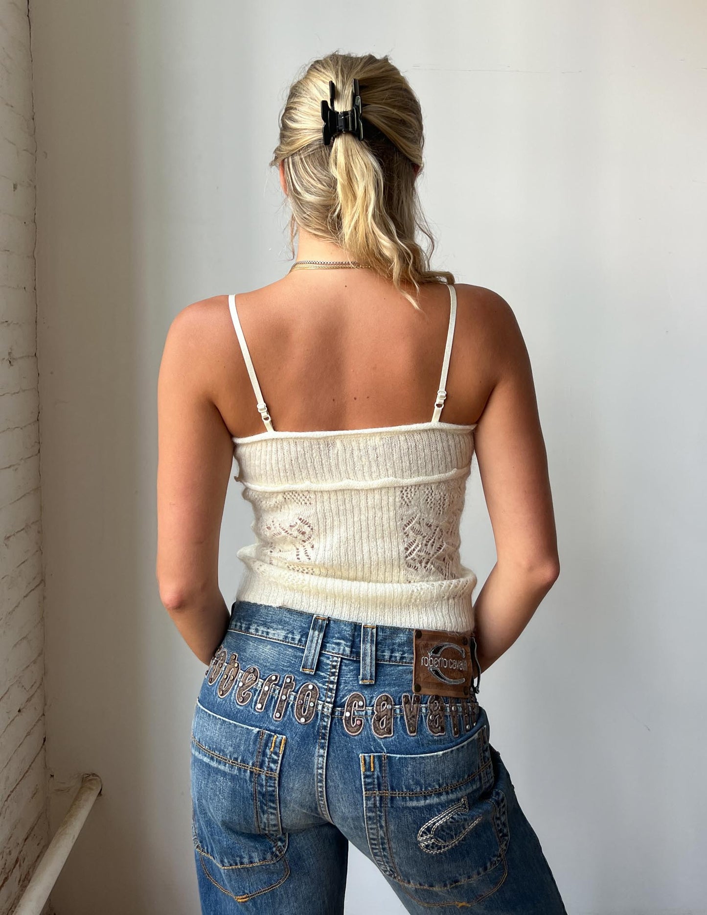 Vintage Mohair Blend Cream Knit Tank w/ Bow Detail