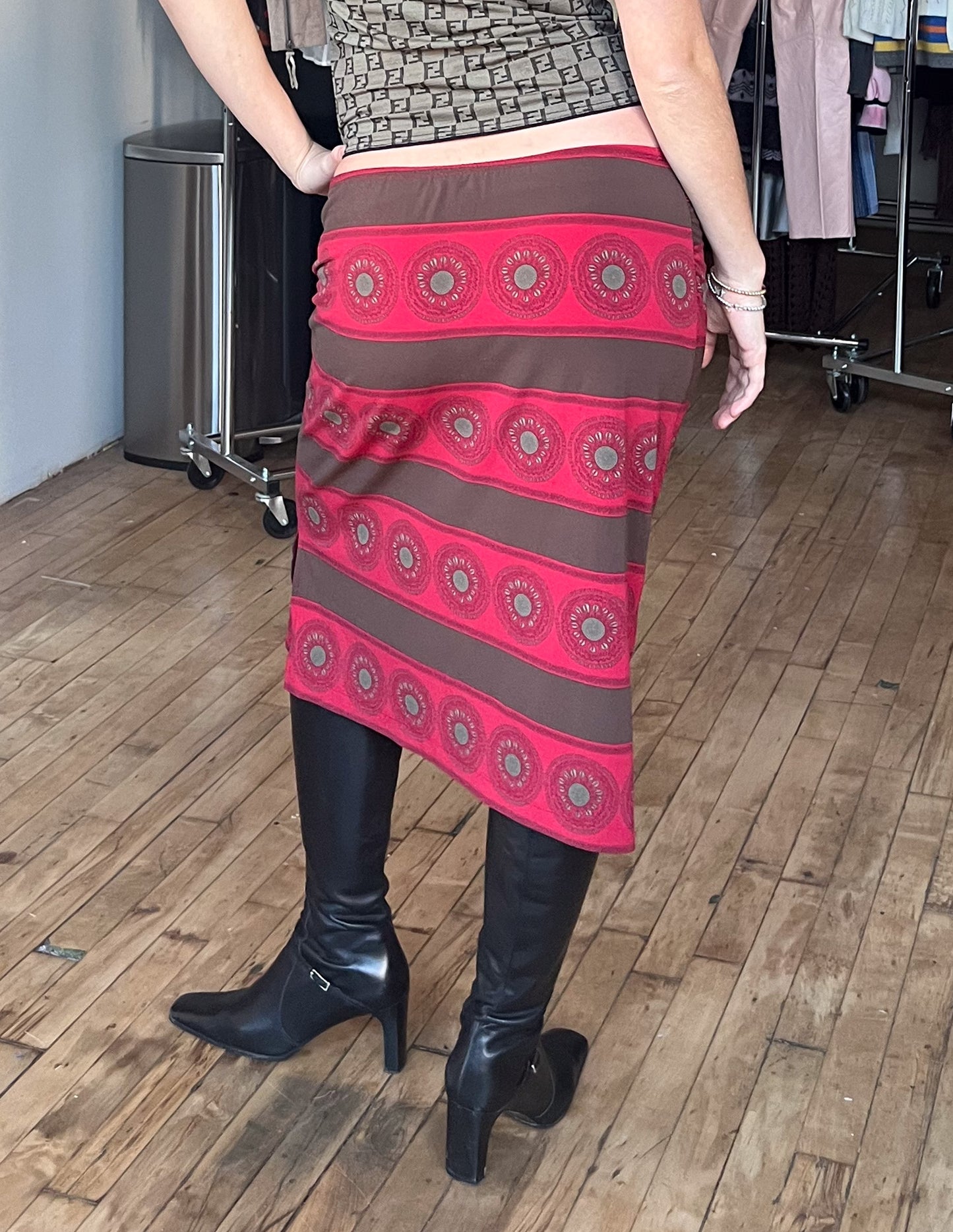 Vtg BGBC Red & Brown Print Midi Skirt