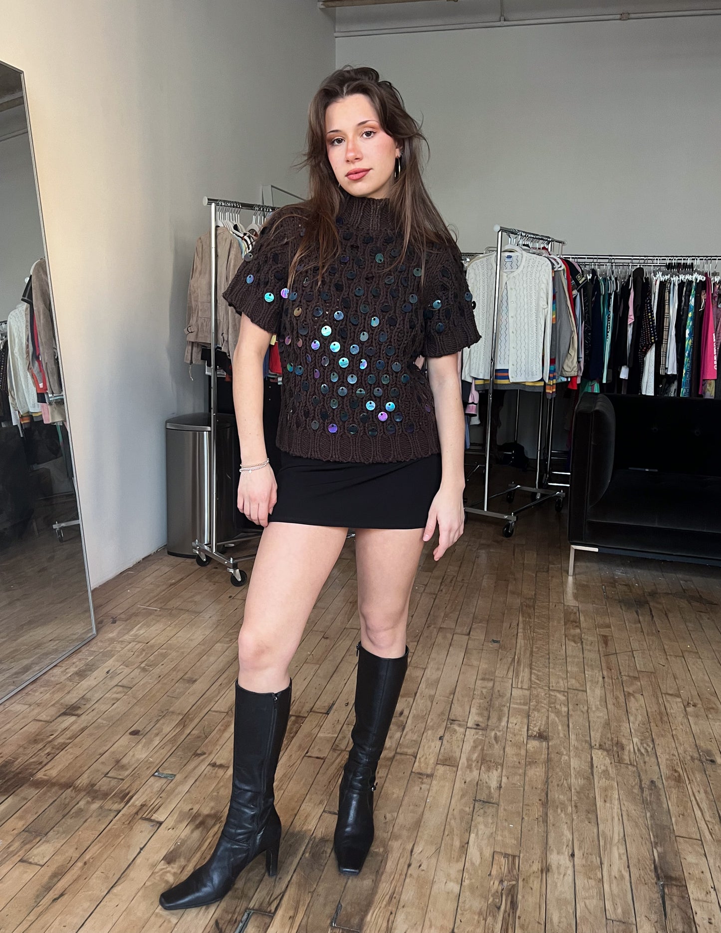 Tyler Boe Short Sleeve Turtleneck Sweater with Sequin Paillettes