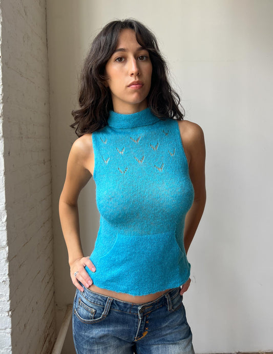 Stefanel Blue Turtleneck Mohair-Feel Sleeveless Sweater