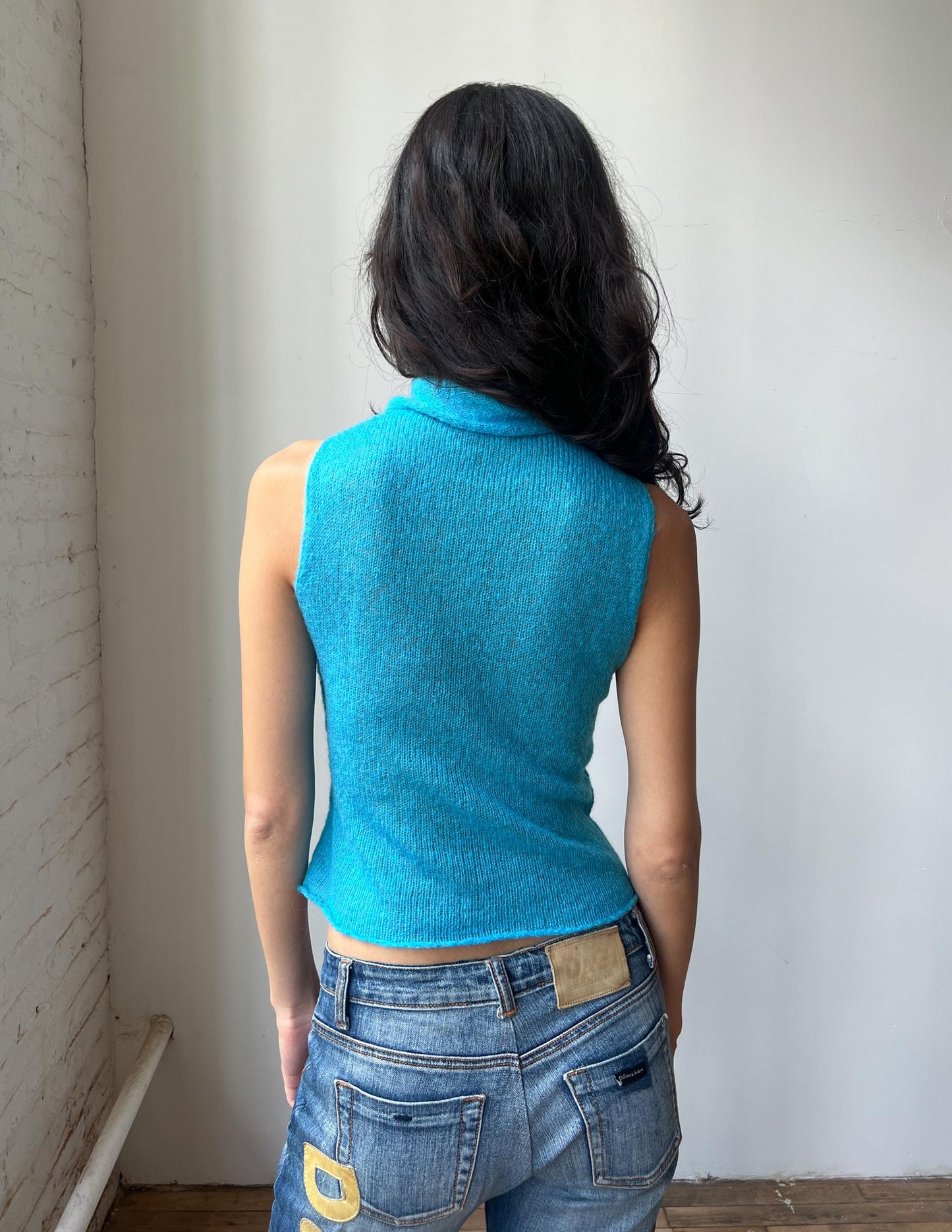 Stefanel Blue Turtleneck Mohair-Feel Sleeveless Sweater