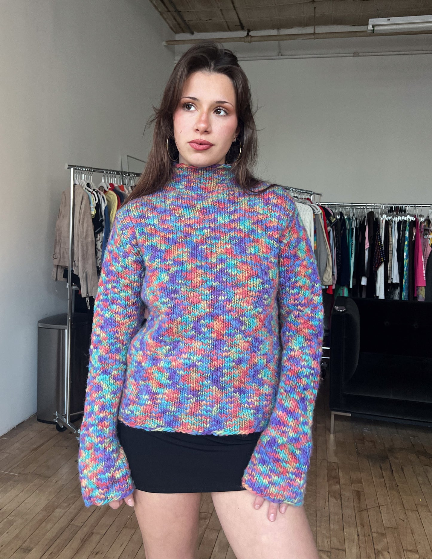 Vtg Rainbow Knit Turtleneck Sweater