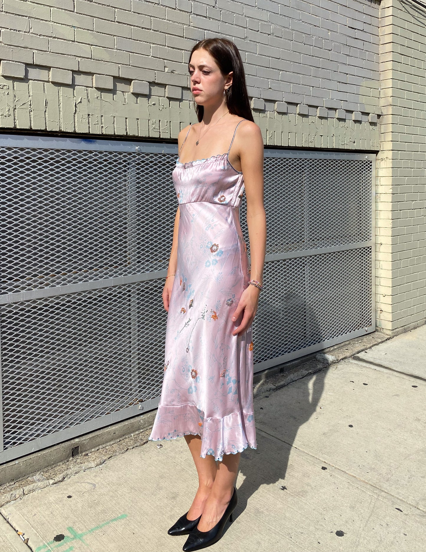 100% Silk Beaded Lilac Floral Midi Dress
