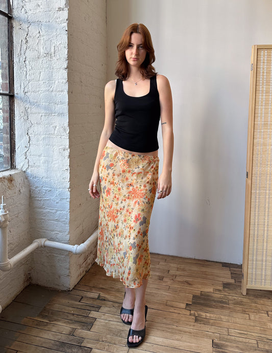 Vtg Bias Cut Floral Embellished Midi Skirt