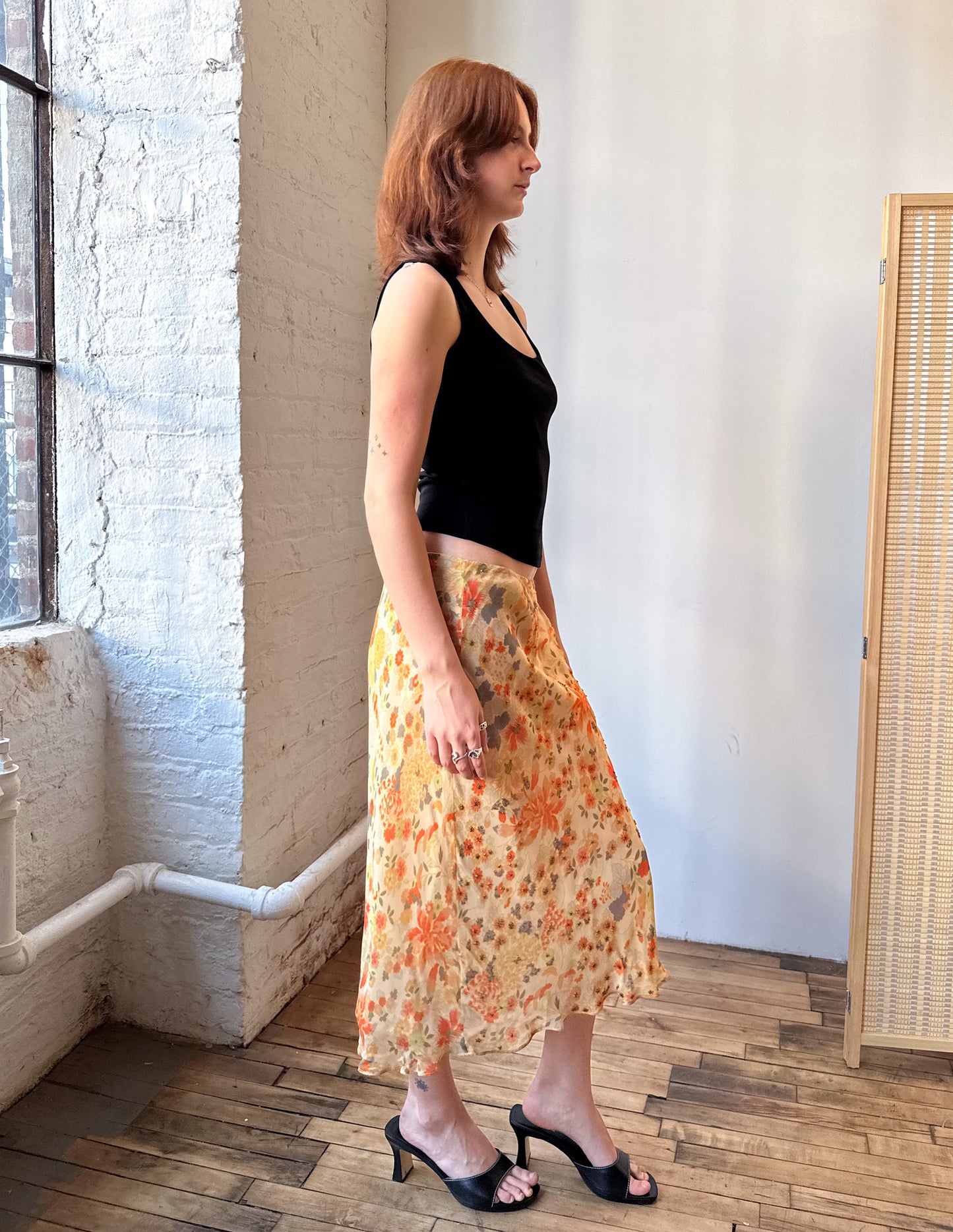 Vtg Bias Cut Floral Embellished Midi Skirt