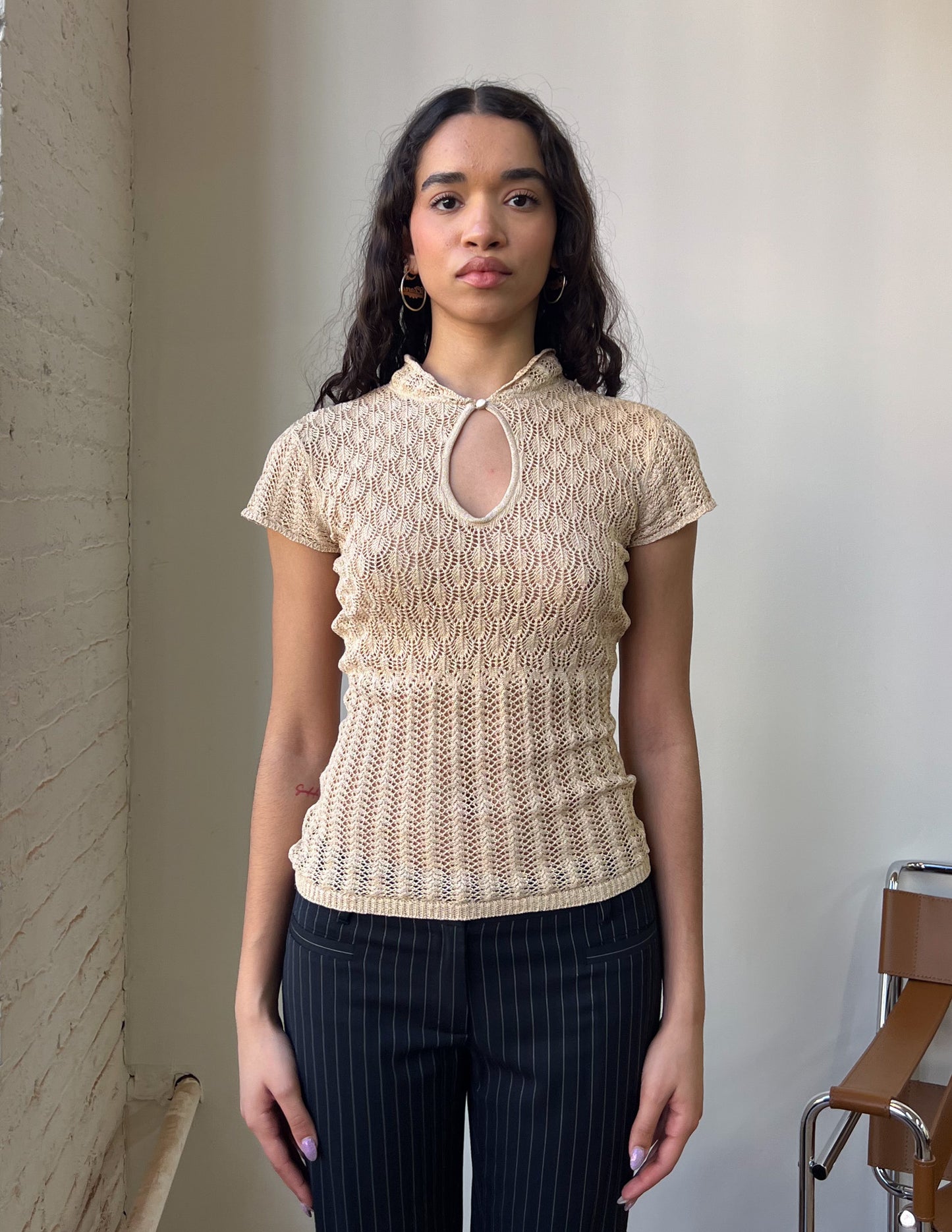 Caché Gold Shimmer Knit Keyhole Blouse