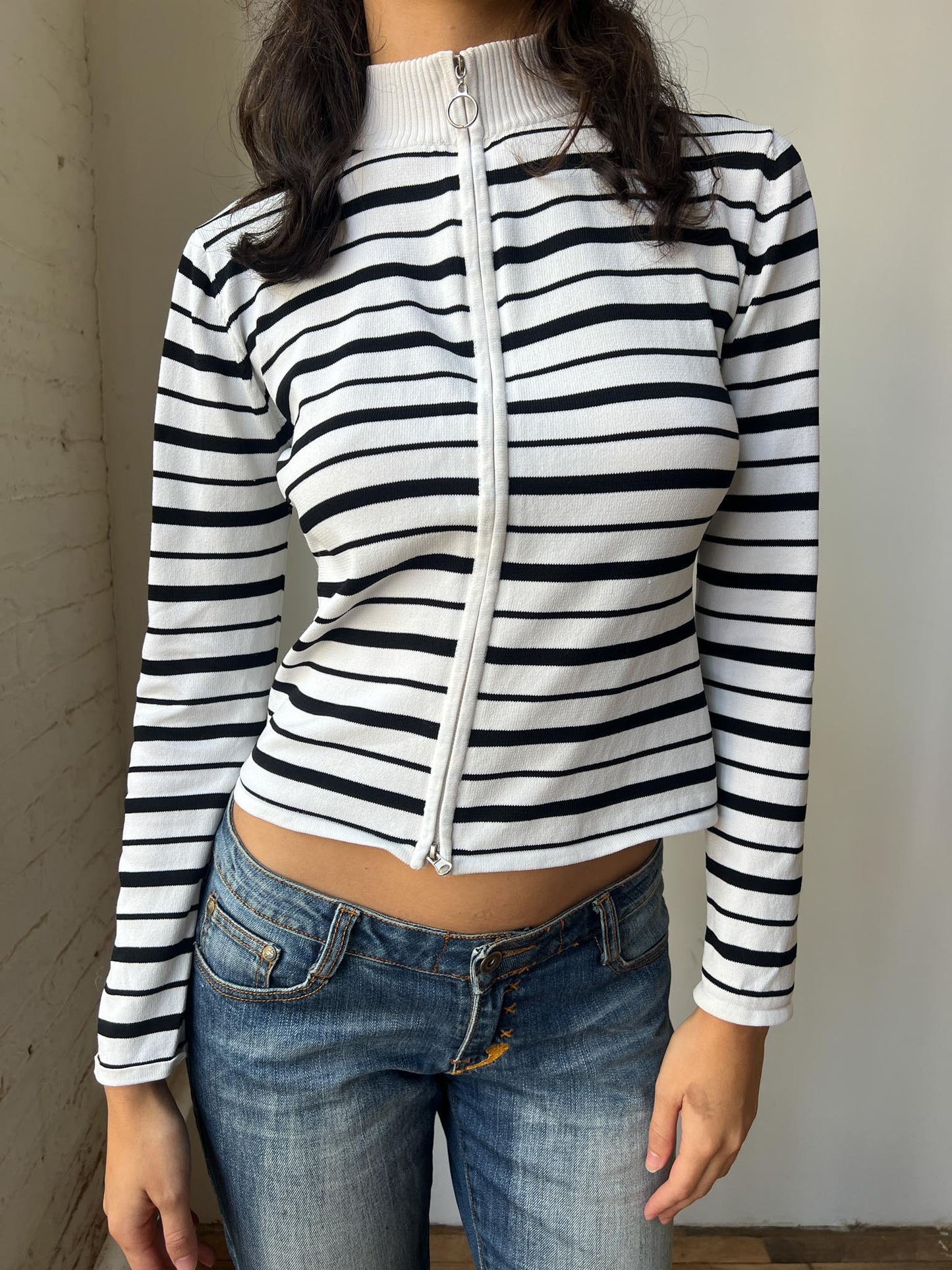 Miss Six Stripe O Ring Zip Up Knit Sweater