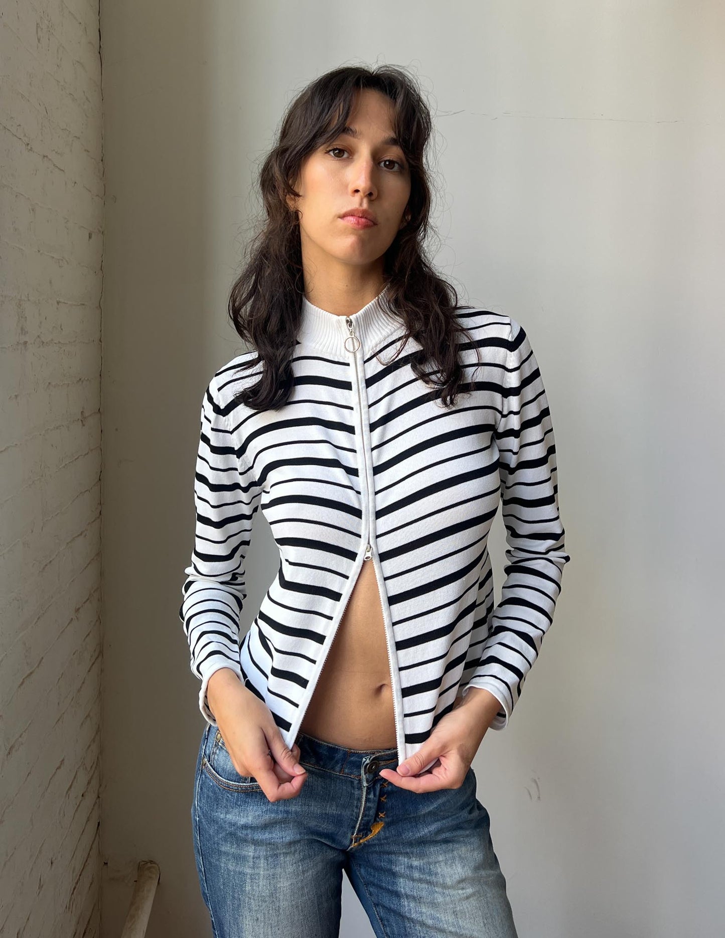 Miss Six Stripe O Ring Zip Up Knit Sweater