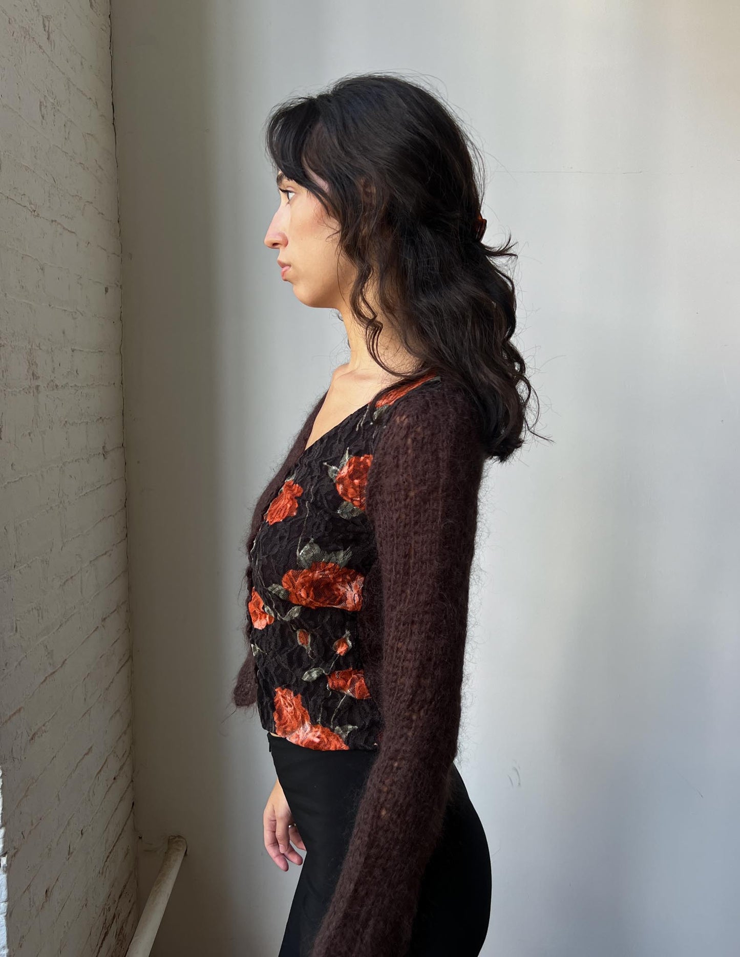 Vintage Mohair Blend Brown & Orange Floral Panel Cardigan