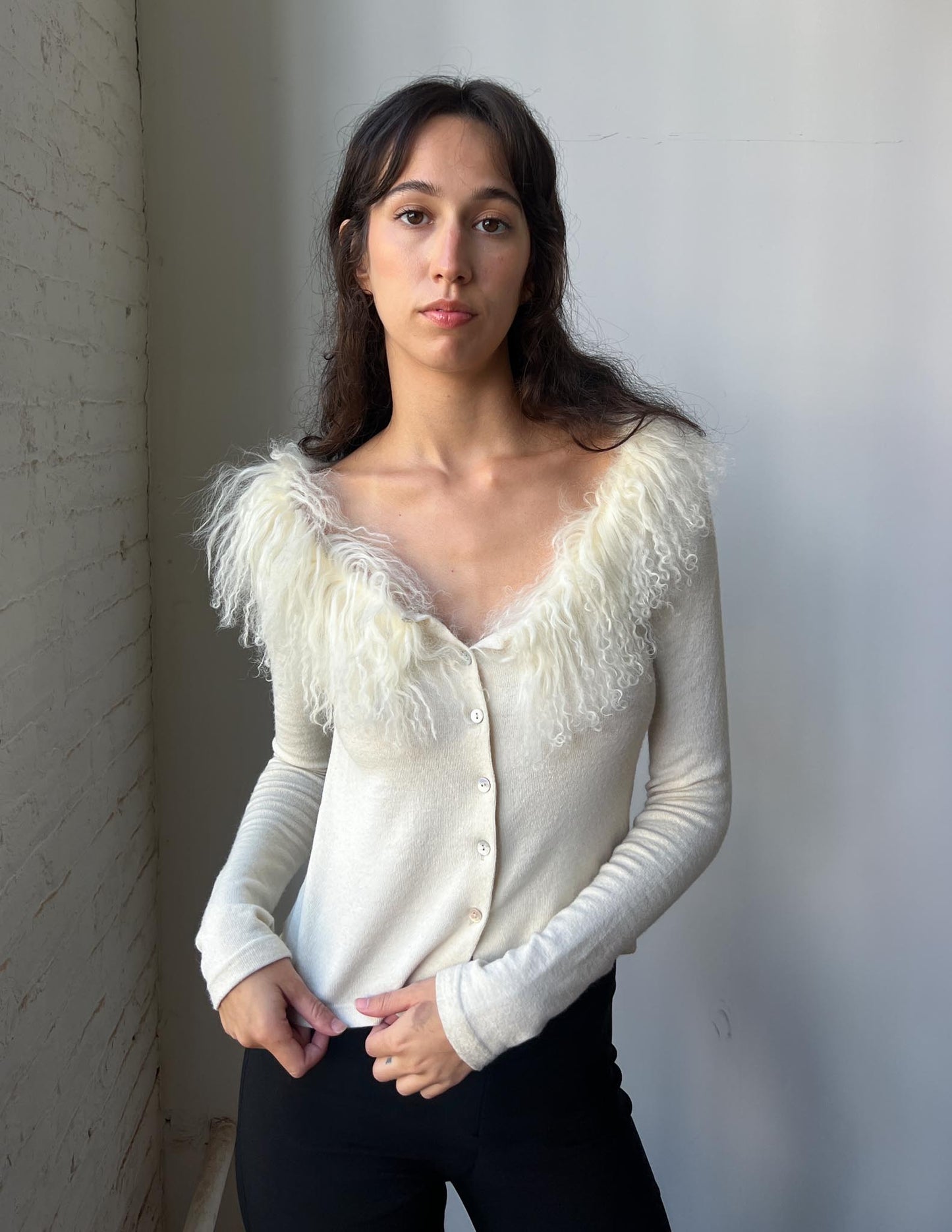 Vintage Italian Fur Trim Cream Cardigan