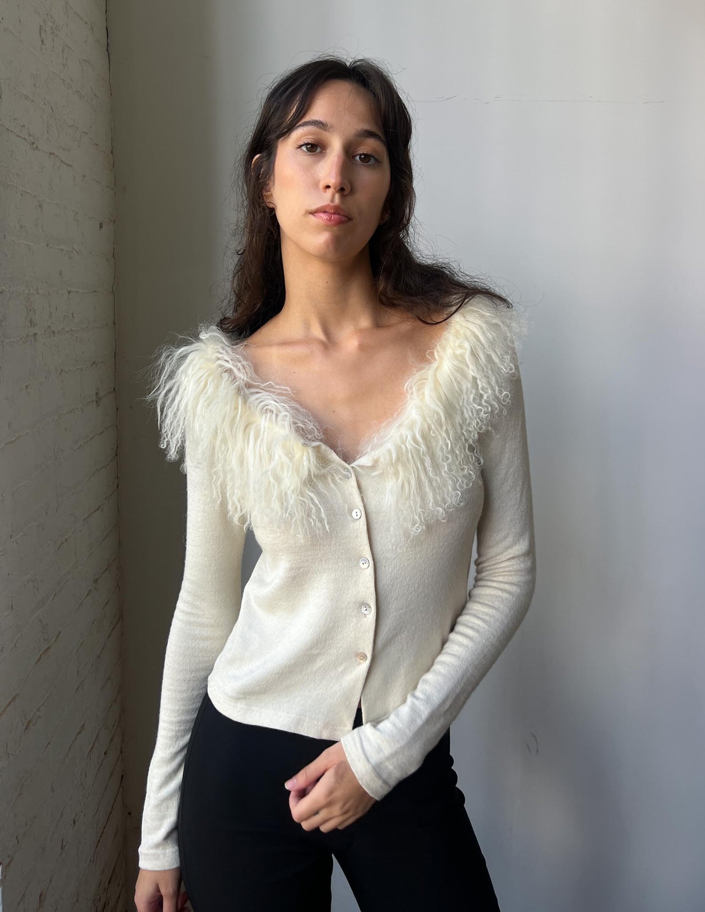 Vintage Italian Fur Trim Cream Cardigan