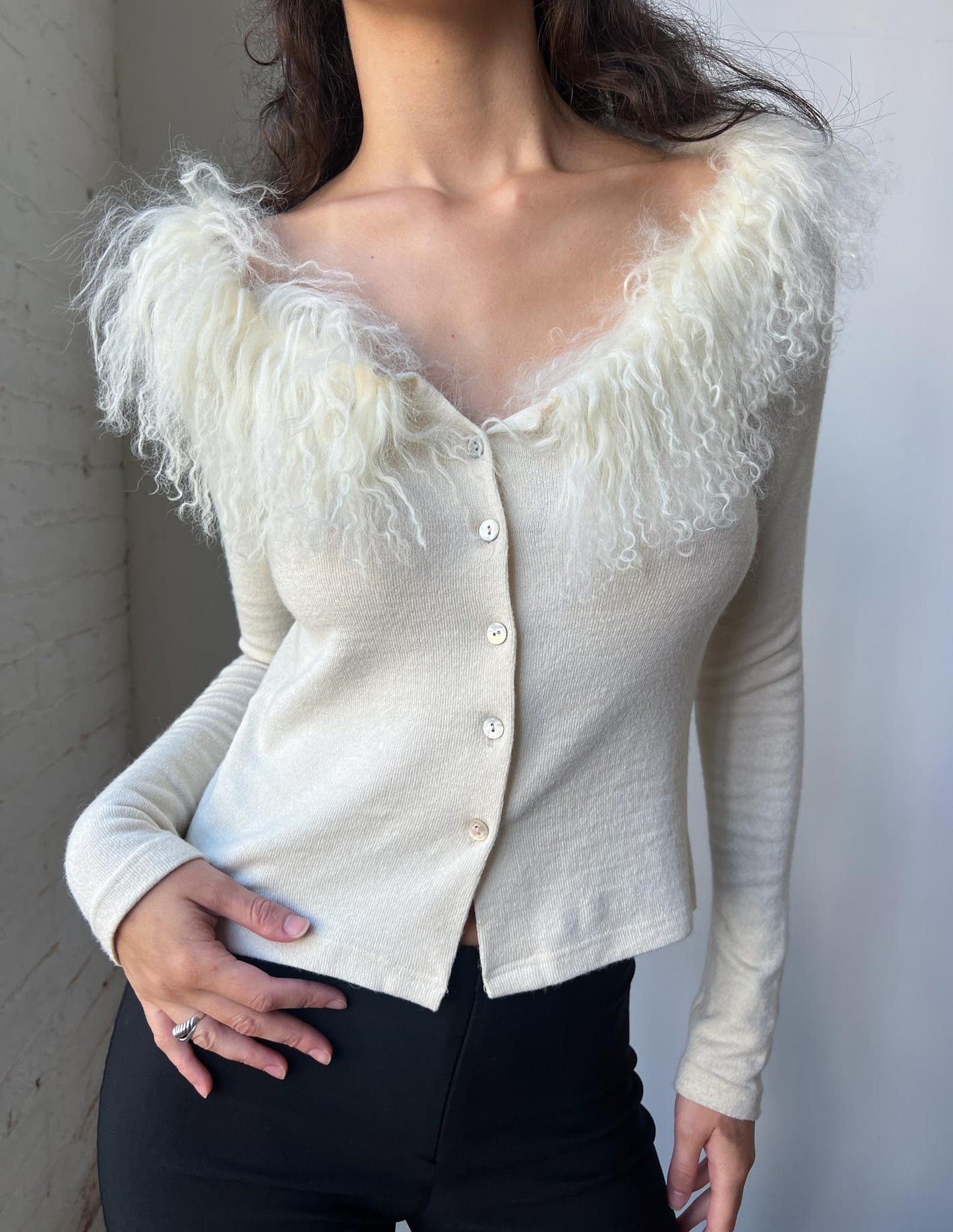 Vintage Italian Fur Trim Cream Cardigan