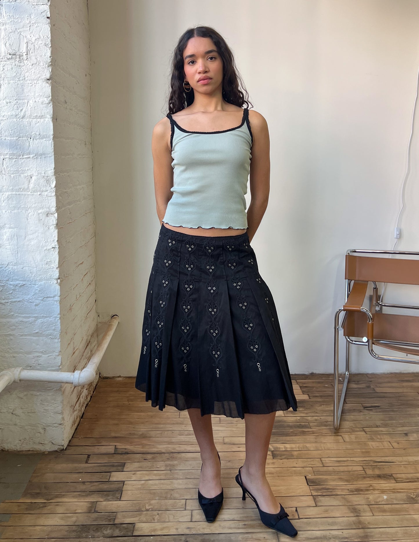 90s Eyelet Pleated Midi Skirt