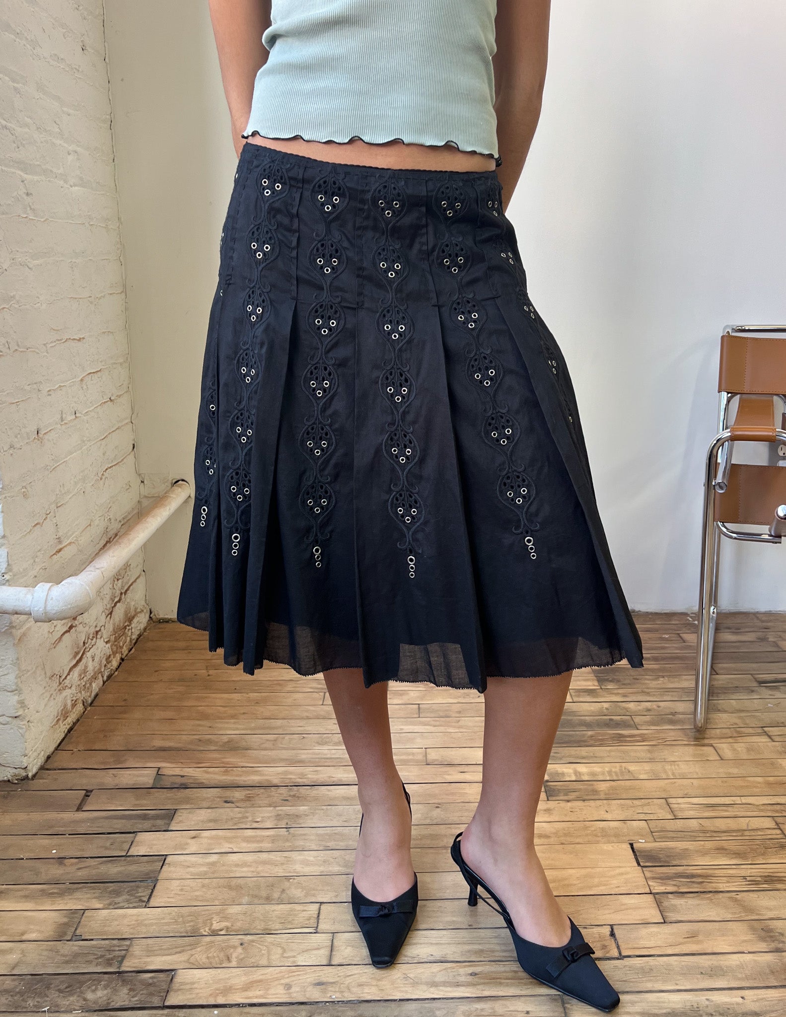 90s Eyelet Pleated Midi Skirt Funny Pretty Nice