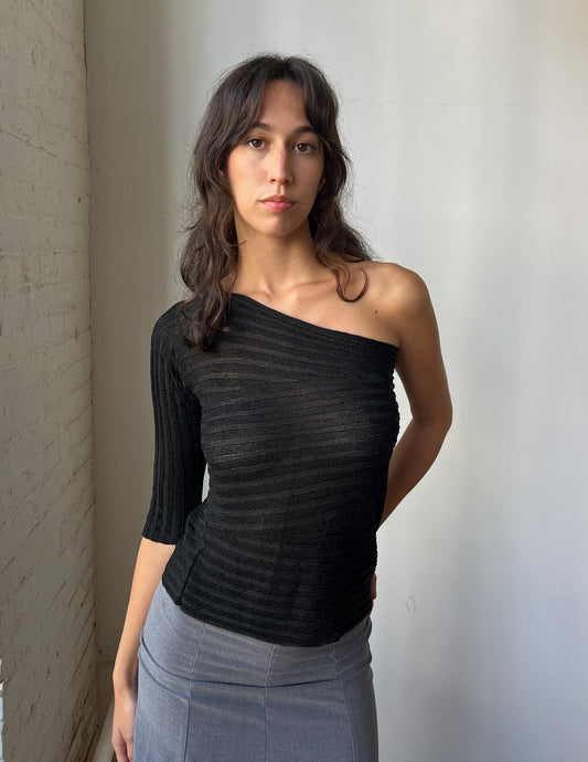 Asymmetrical One-Shoulder Slinky Knit Sheer Top