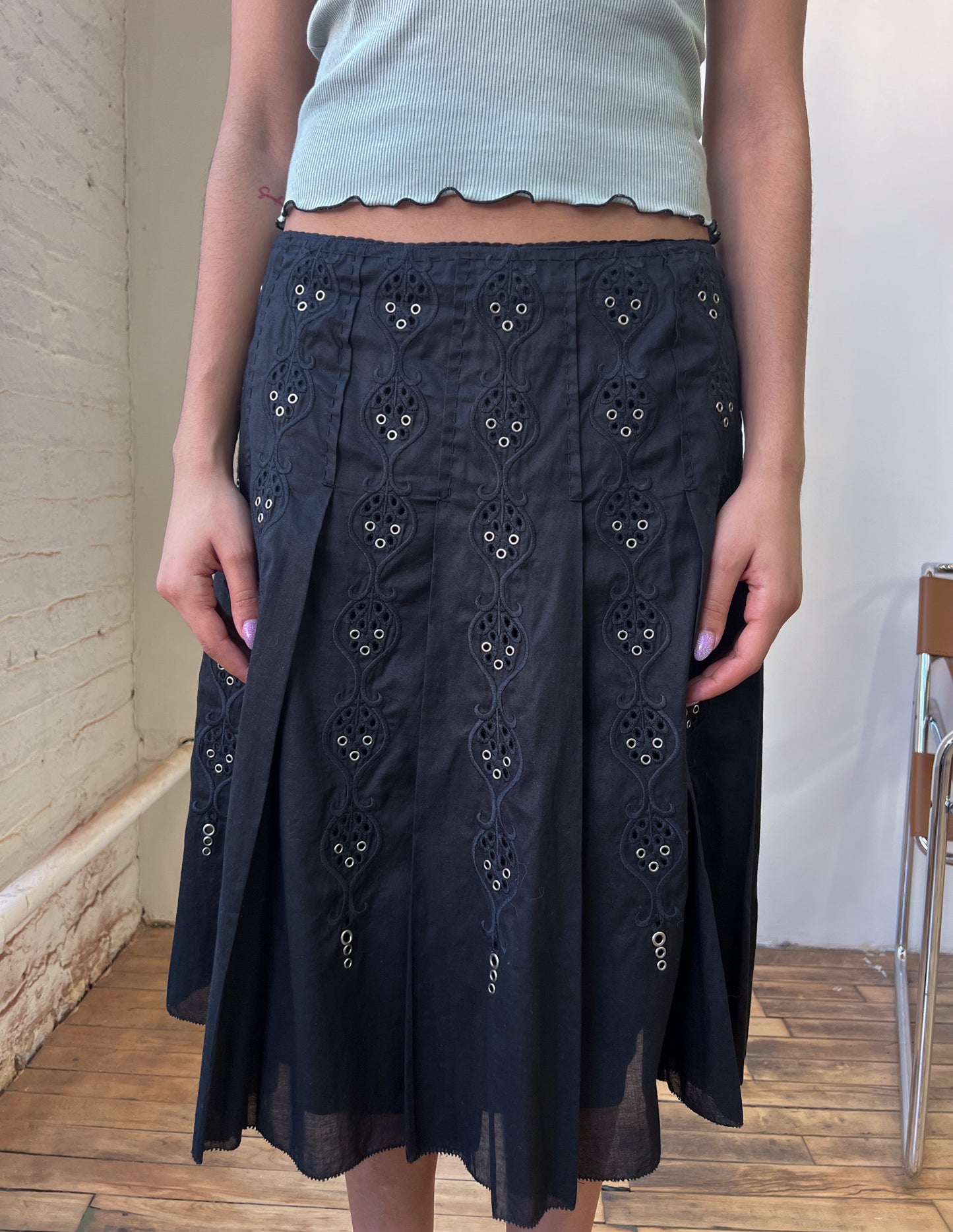 90s Eyelet Pleated Midi Skirt