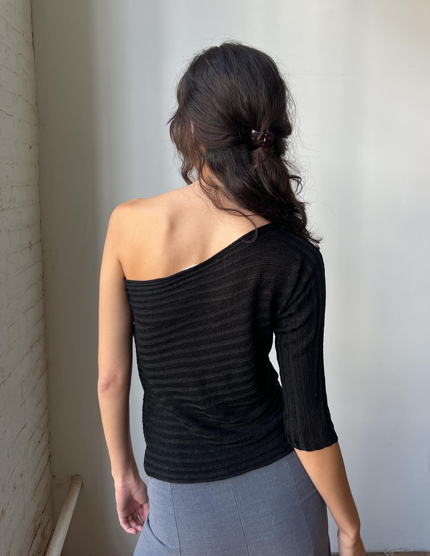 Asymmetrical One-Shoulder Slinky Knit Sheer Top