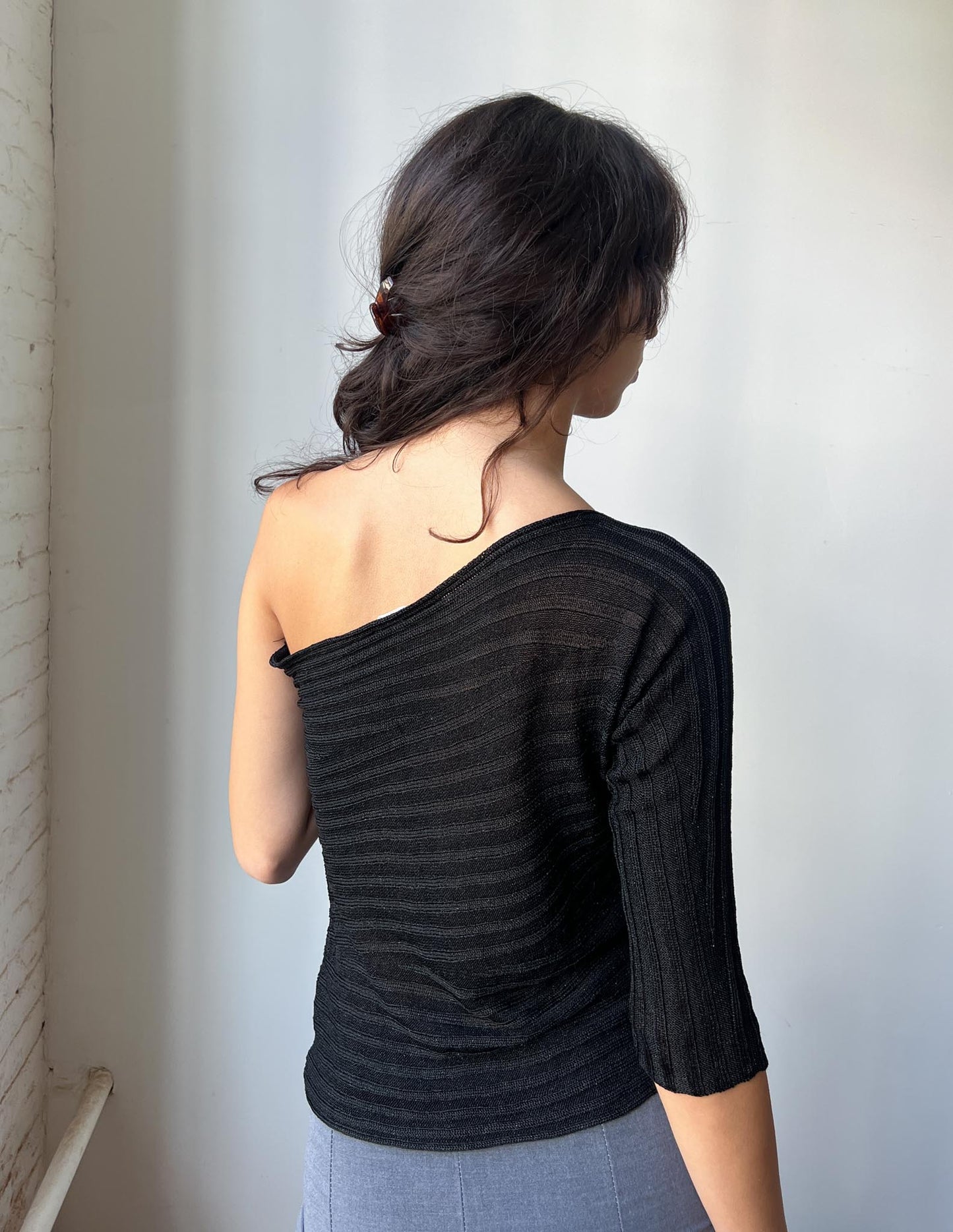 Asymmetrical One-Shoulder Slinky Knit Sheer Top