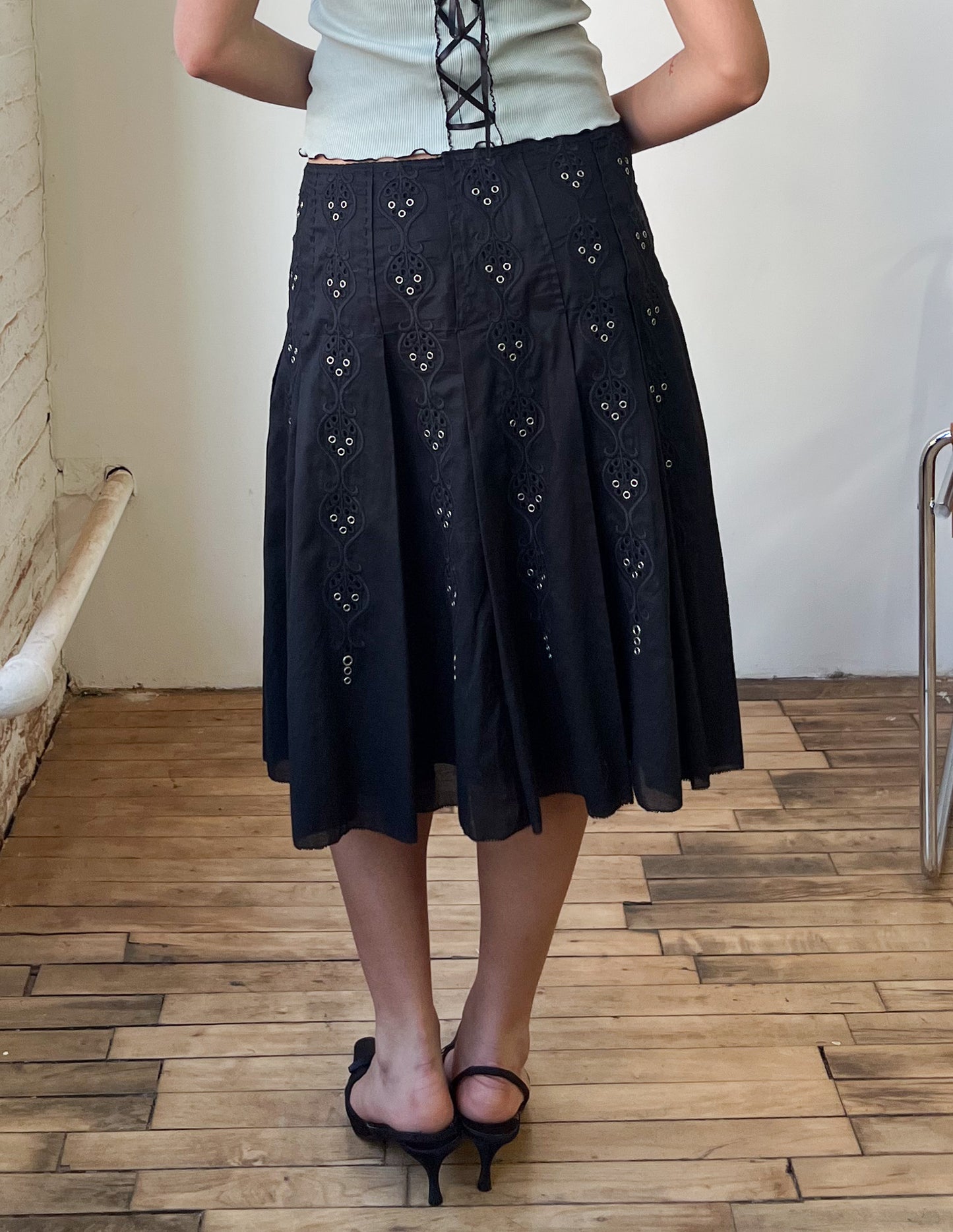 90s Eyelet Pleated Midi Skirt