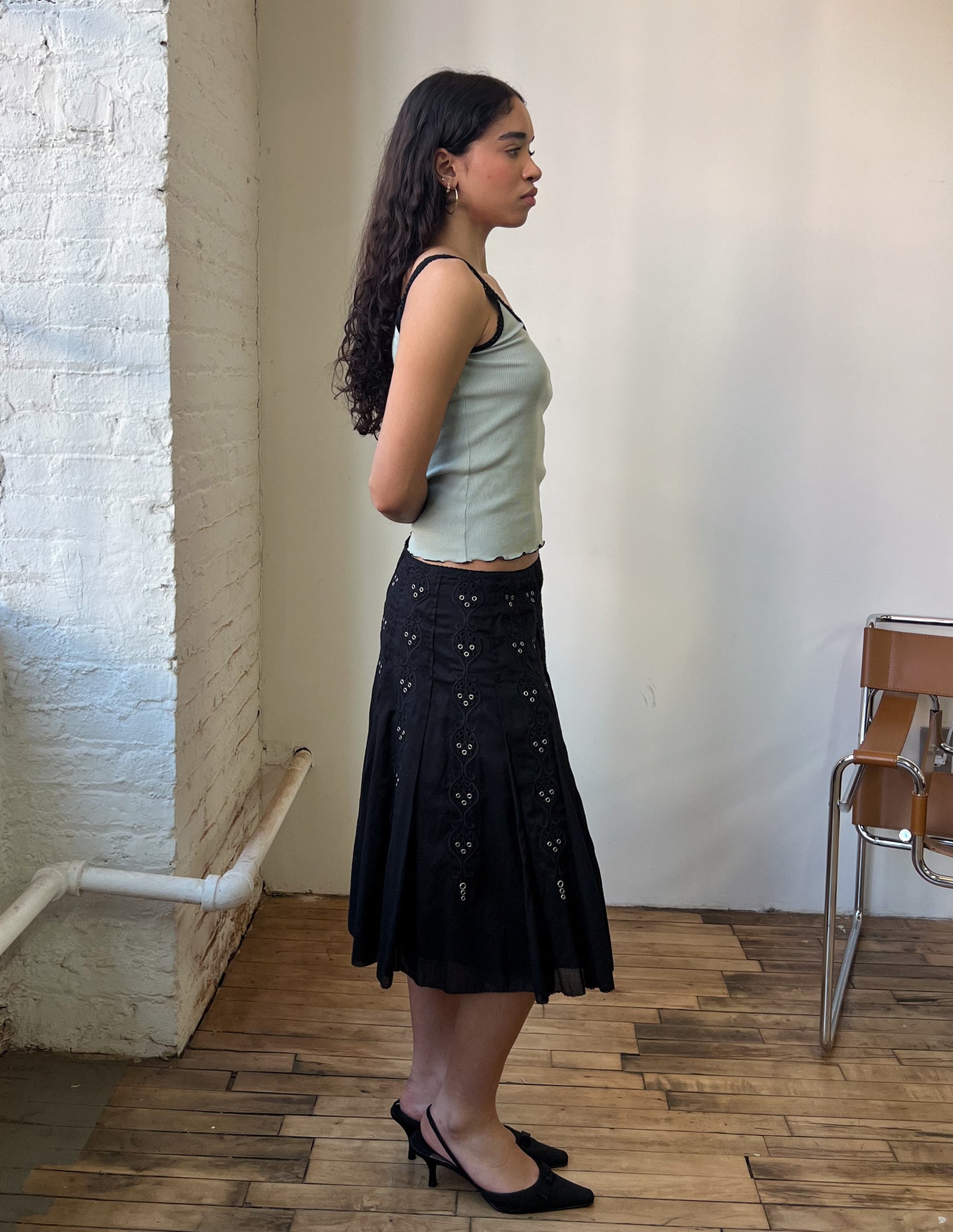 90s Eyelet Pleated Midi Skirt