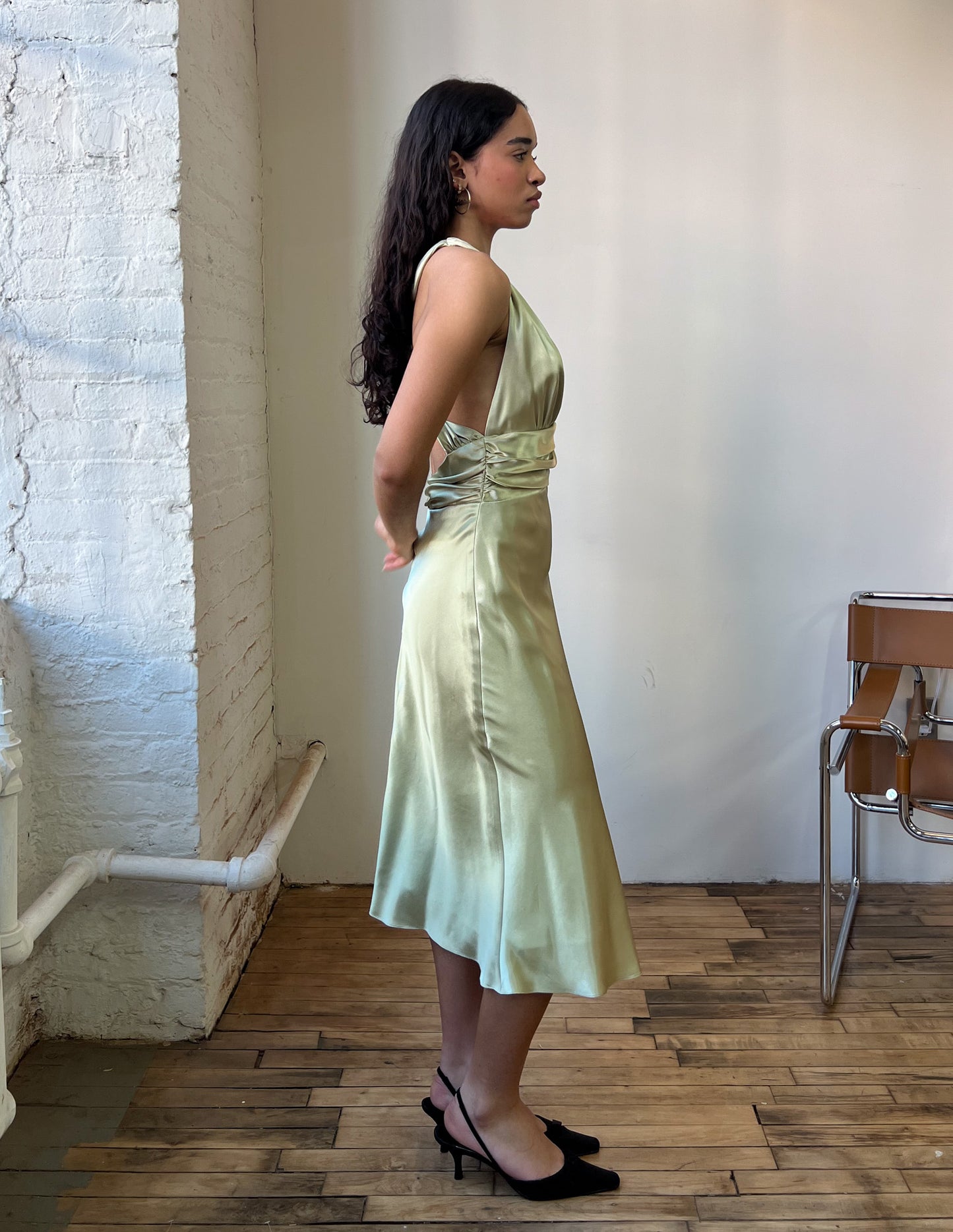 Caché Satin Seafoam Green Halter Dress