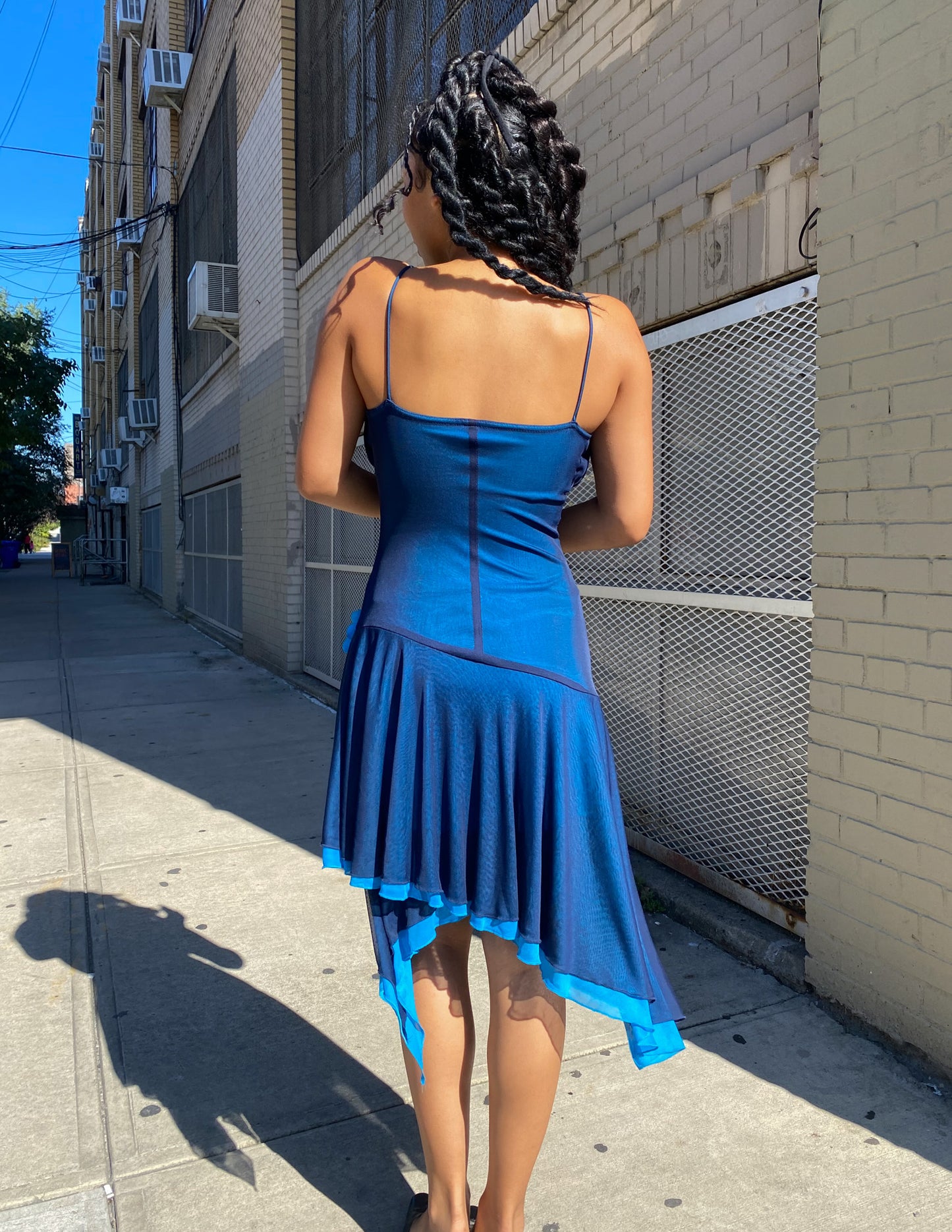 Vtg Y2k Mesh Overlay Blue Asymmetrical Dress